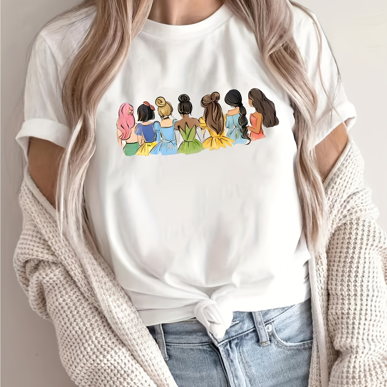 

Women's Casual Crew Neck T-shirt With Female Character Hairstyles Print, Polyester Knit Fabric, Regular Length, , - All Top