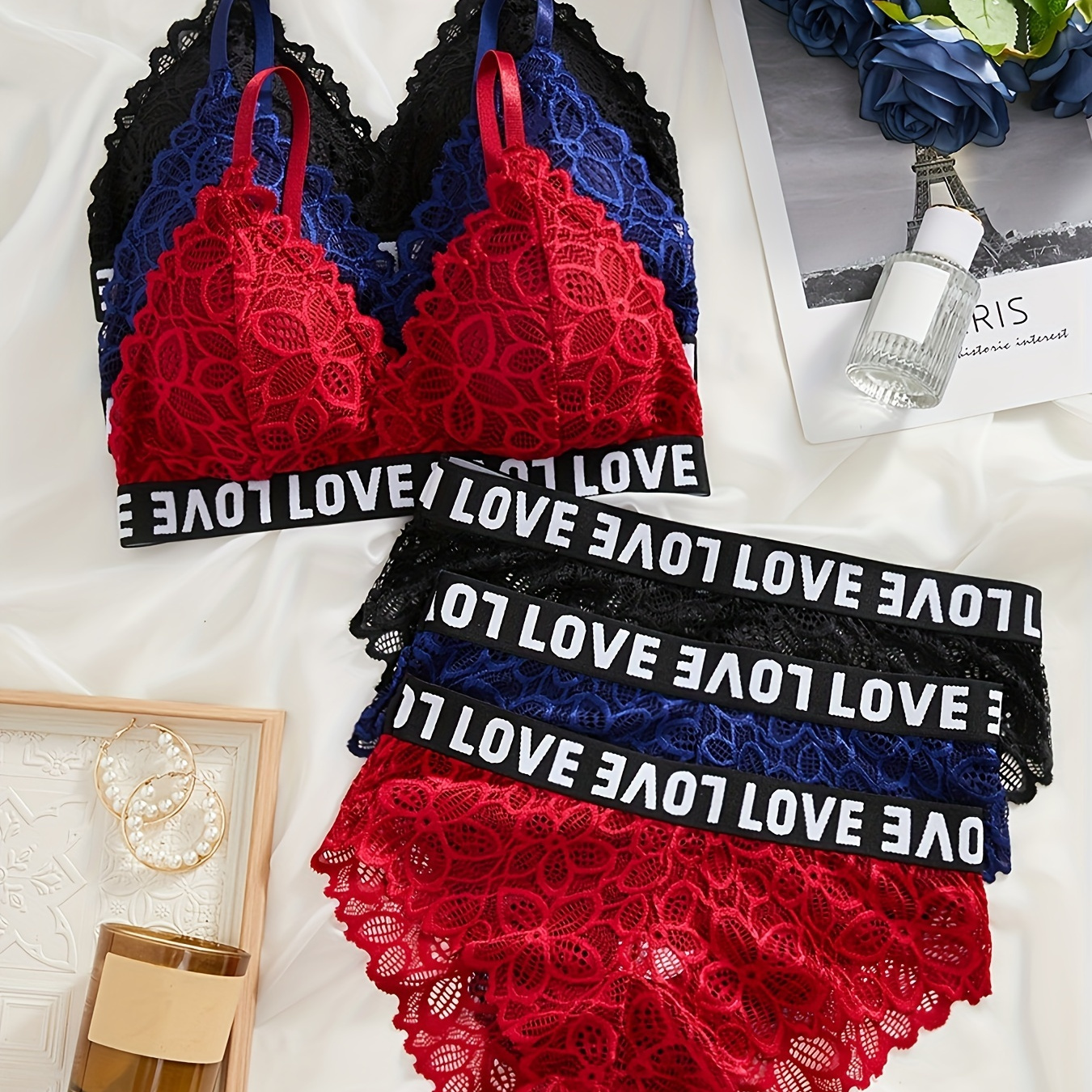 

3pcs Colorblock Letter Tape Bra & Panties, Floral Lace Intimates Bra & Panty Lingerie Set, Women's Lingerie & Underwear