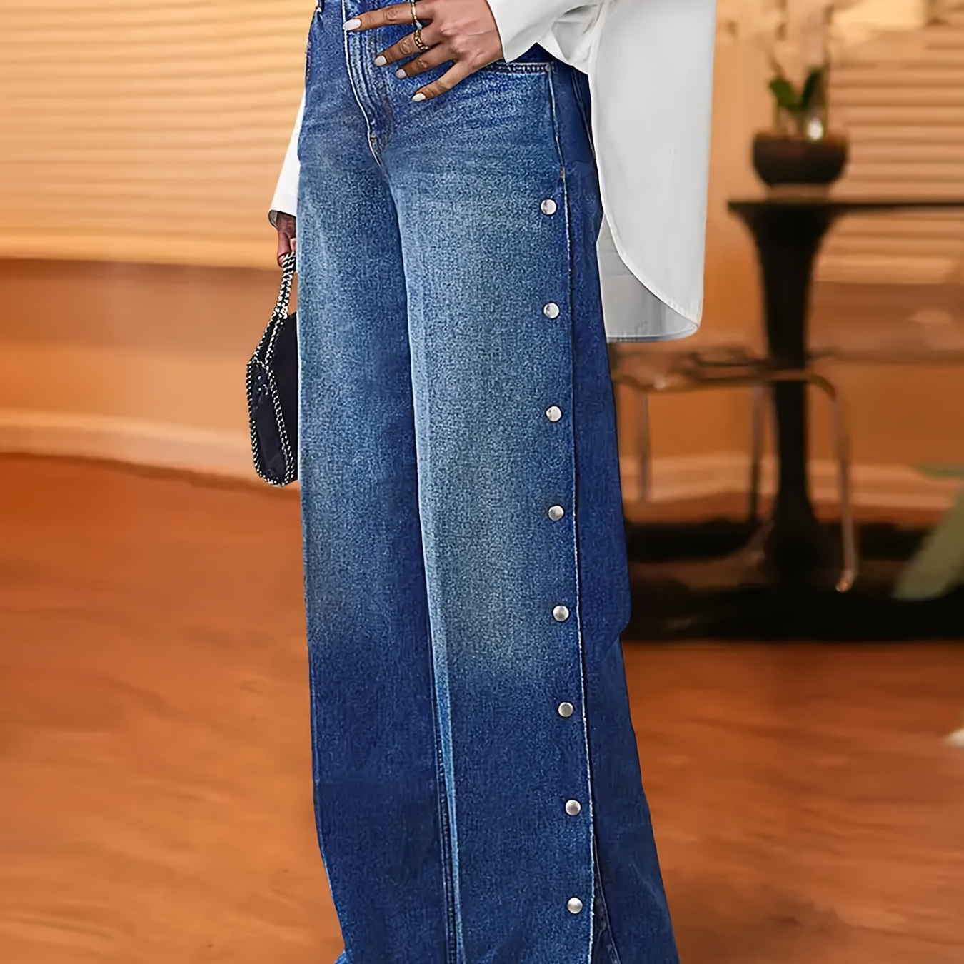 【BAON】Luden Snap Bijo Wide Denim Pants Curvy Stretch Wide Jean