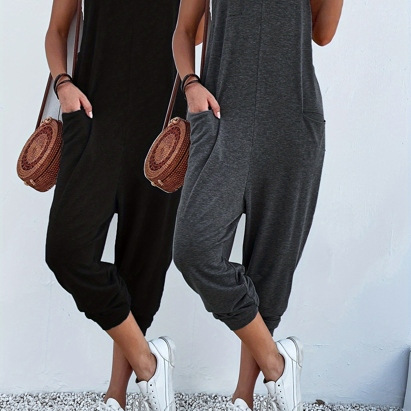 

Solid V-neck Jumpsuit 2 Pack, Sleeveless Pockets Cami Jumpsuit For , Women's Clothing