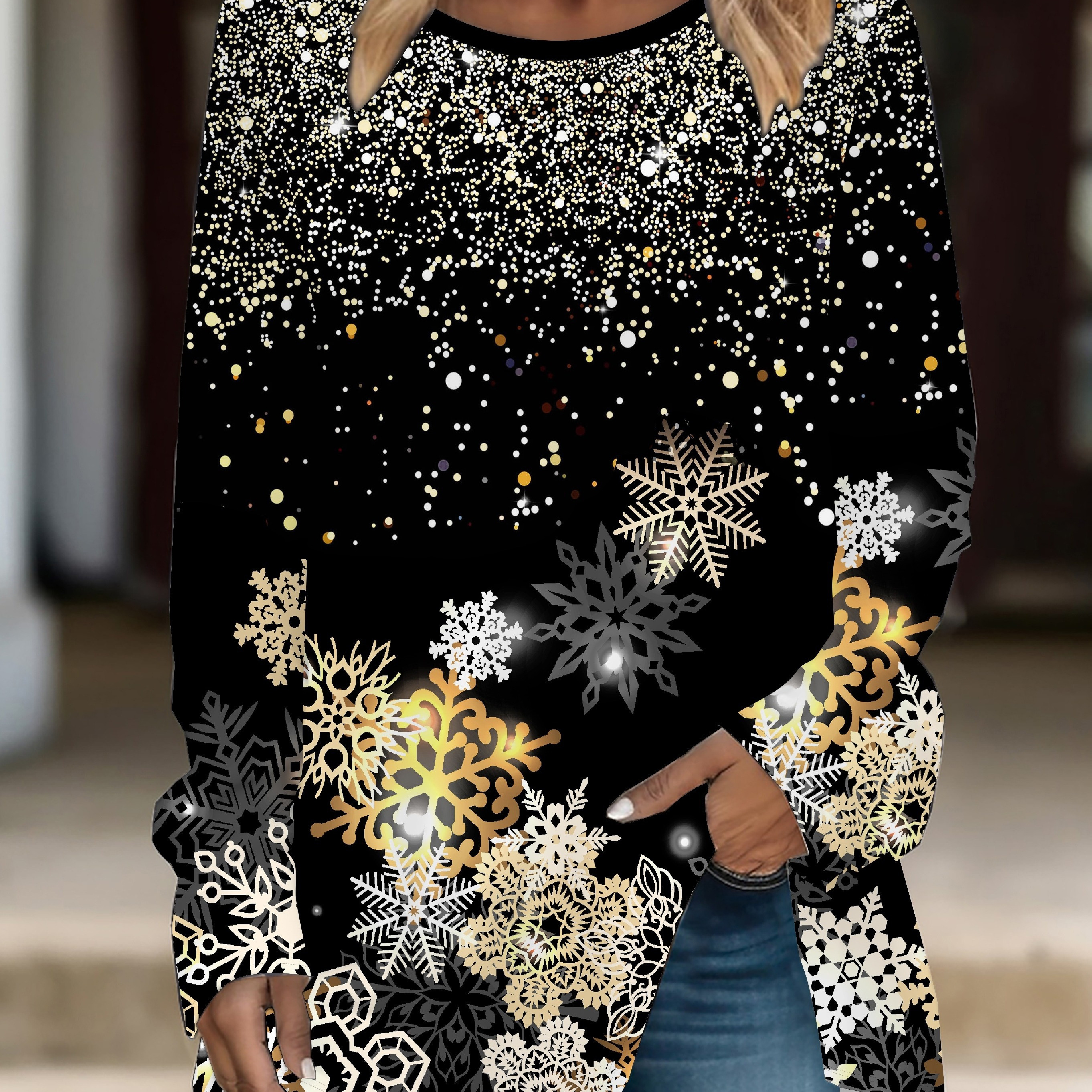 

Plus Size Christmas Snowflake Print Long Sleeve T-shirt - Knit Polyester Blend Crew Neck Top With Slight Stretch, Casual Vacation Style For All Seasons