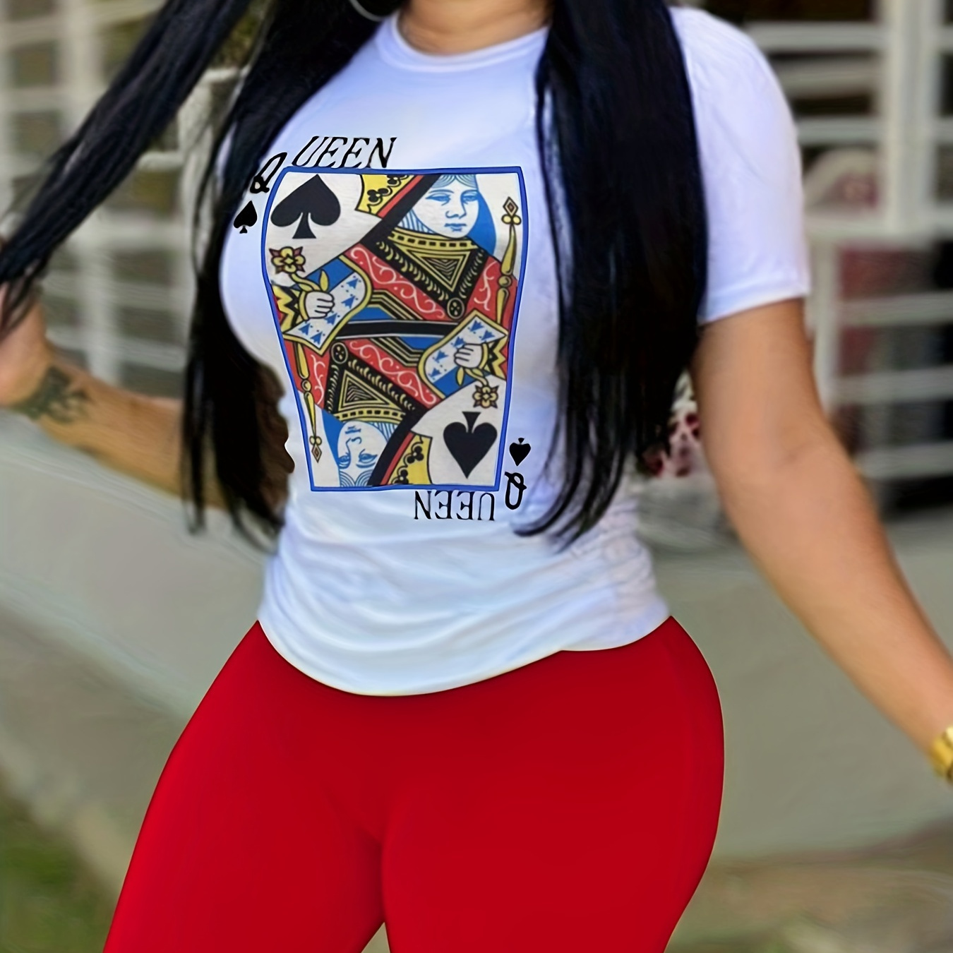 

Plus Size Casual Outfits 2 Piece Set, Women's Plus Poker Card Print Short Sleeve Round Neck Medium Stretch Crop Top & Shorts Outfits 2 Piece Set