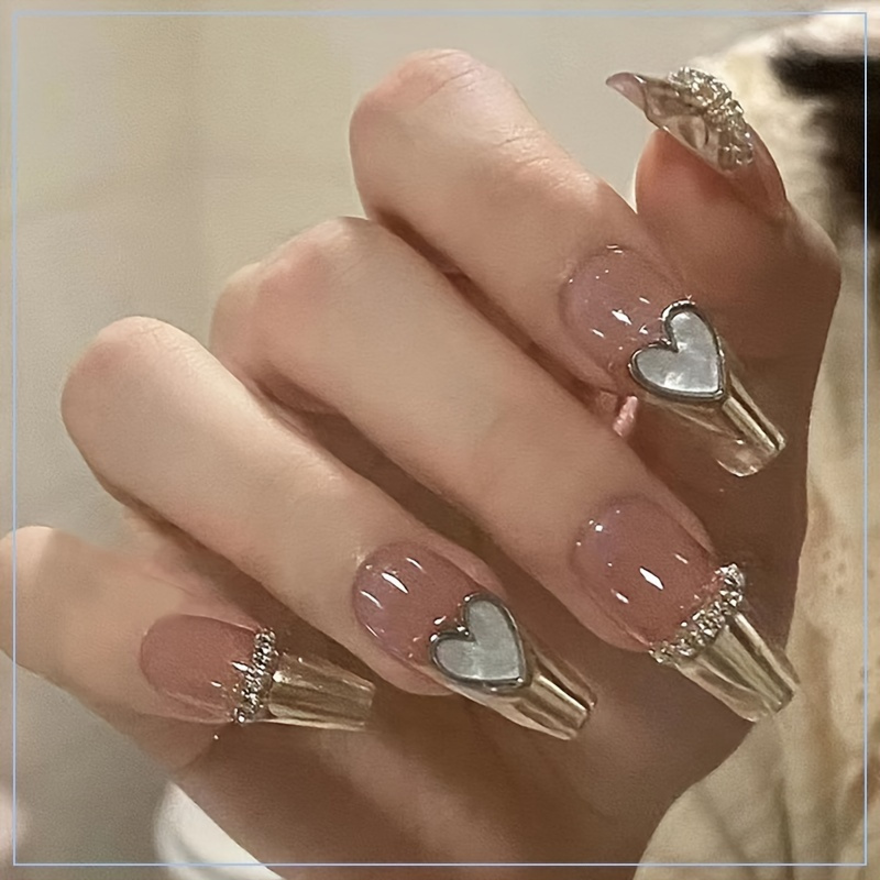 3D Heart French Coffin Nails - Long-Lasting Full Cover Fake Nails for Women and Girls