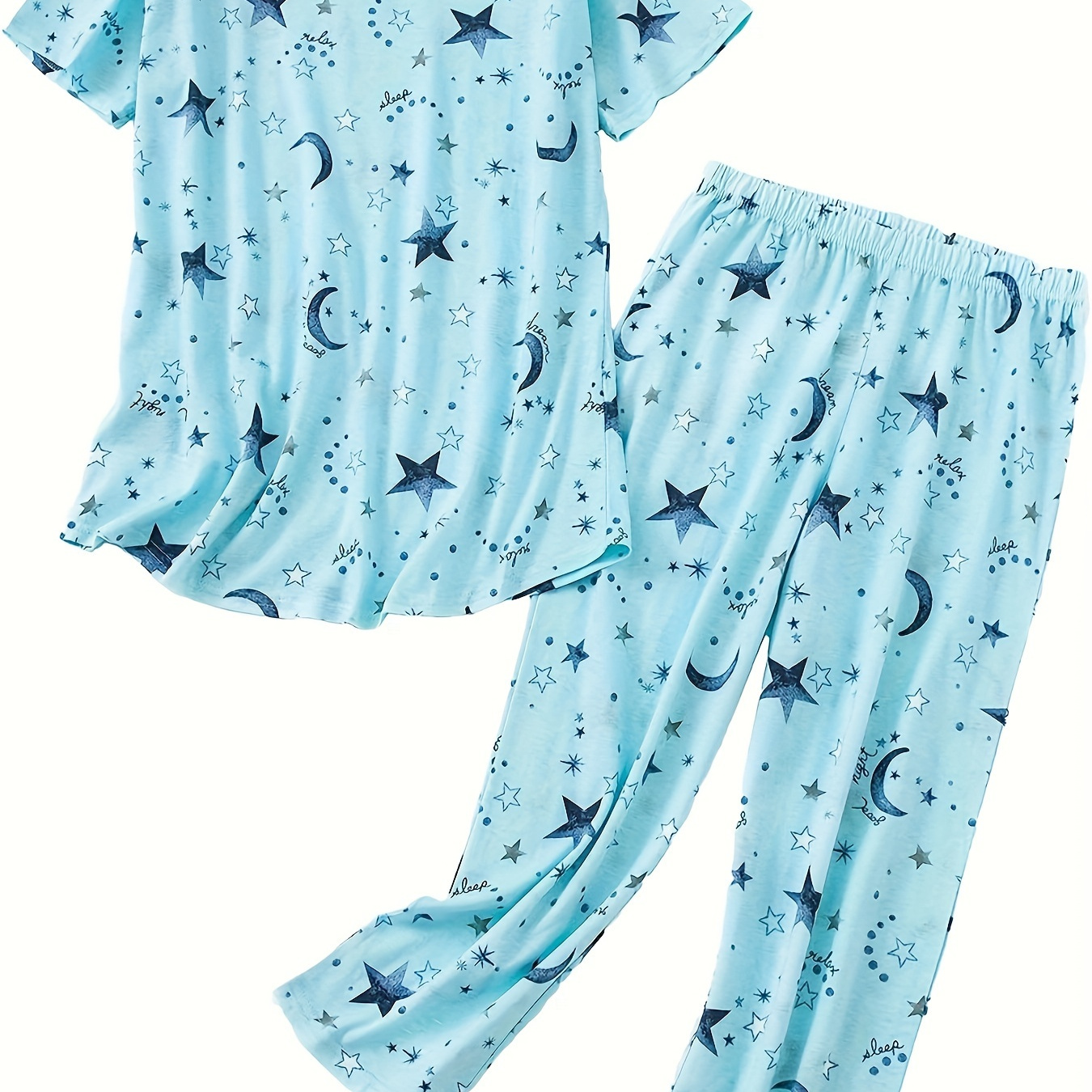 

Moon & Star Print Pajama Set, Casual Short Sleeve Round Neck Top & Capri Pants, Women's Sleepwear