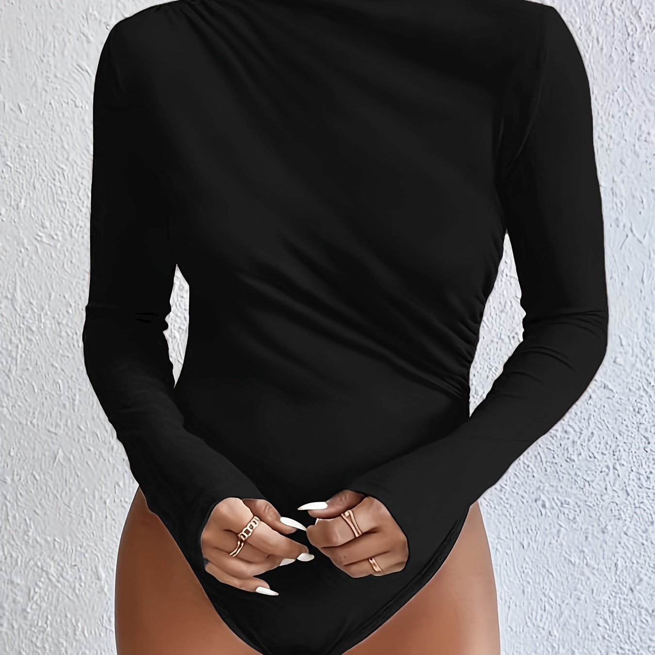 Solid Skinny Ruched Bodysuit, Stretchy Long Sleeve Mock Neck One Piece Bodysuit, Women's Clothing