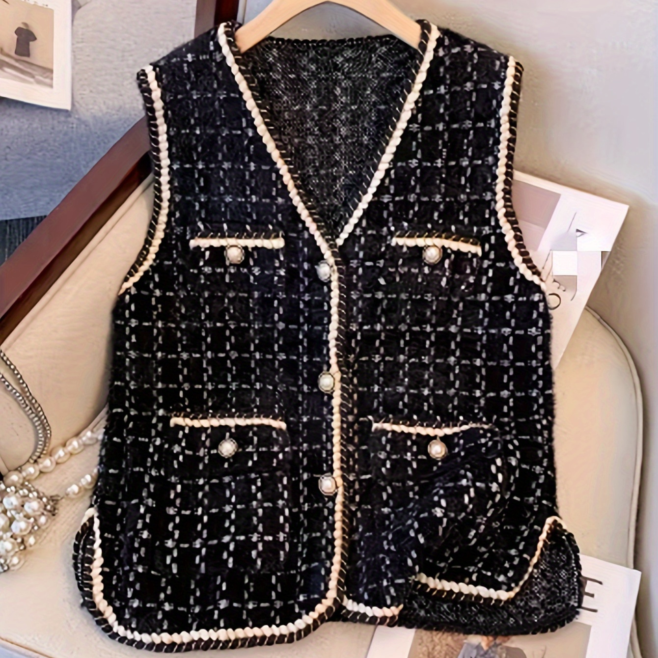 

Tweed Button Front V Neck Sweater Vest, Chic Sleeveless Vest For Spring & Fall, Women's Clothing