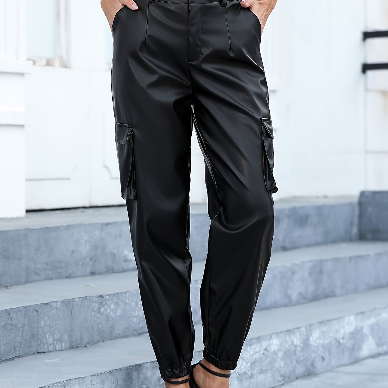 Drawstring Flap Pockets Jogger Pants, Vintage Solid Faux Leather