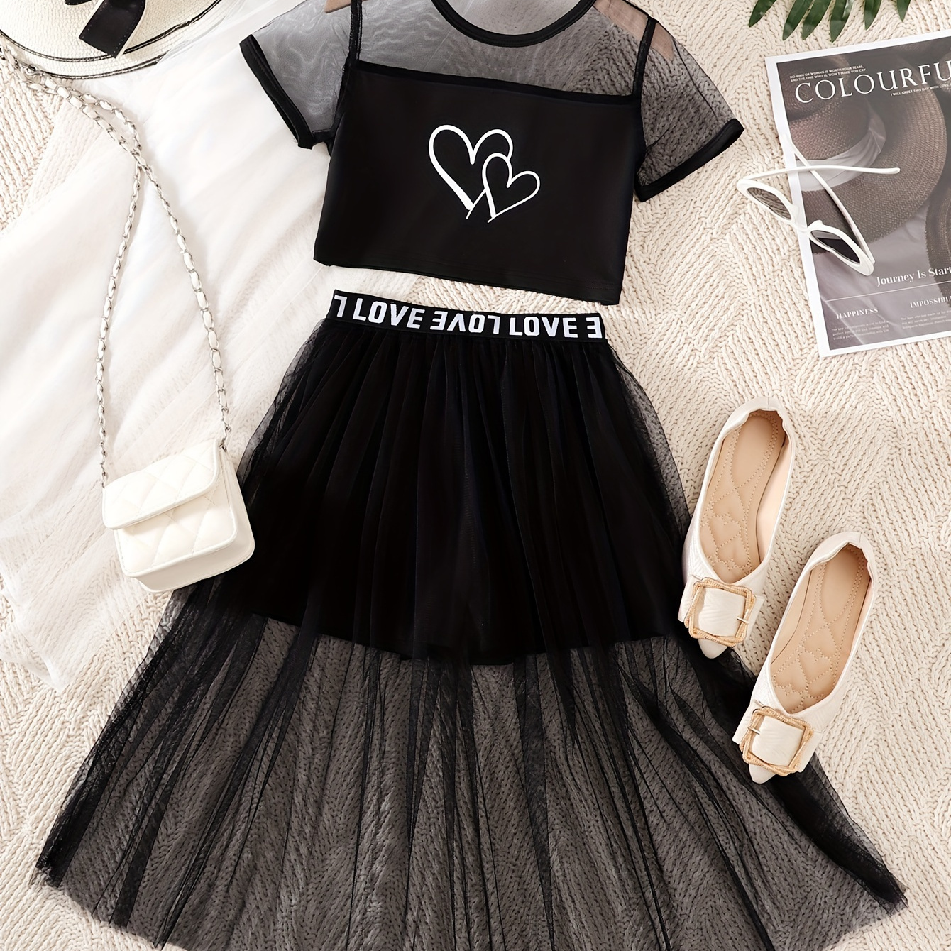 

Trendy Girls Outfit, Mesh Short Sleeve Top + Tulle Spliced Letter Tape Skirt Set, Casual 2pcs Summer Clothes