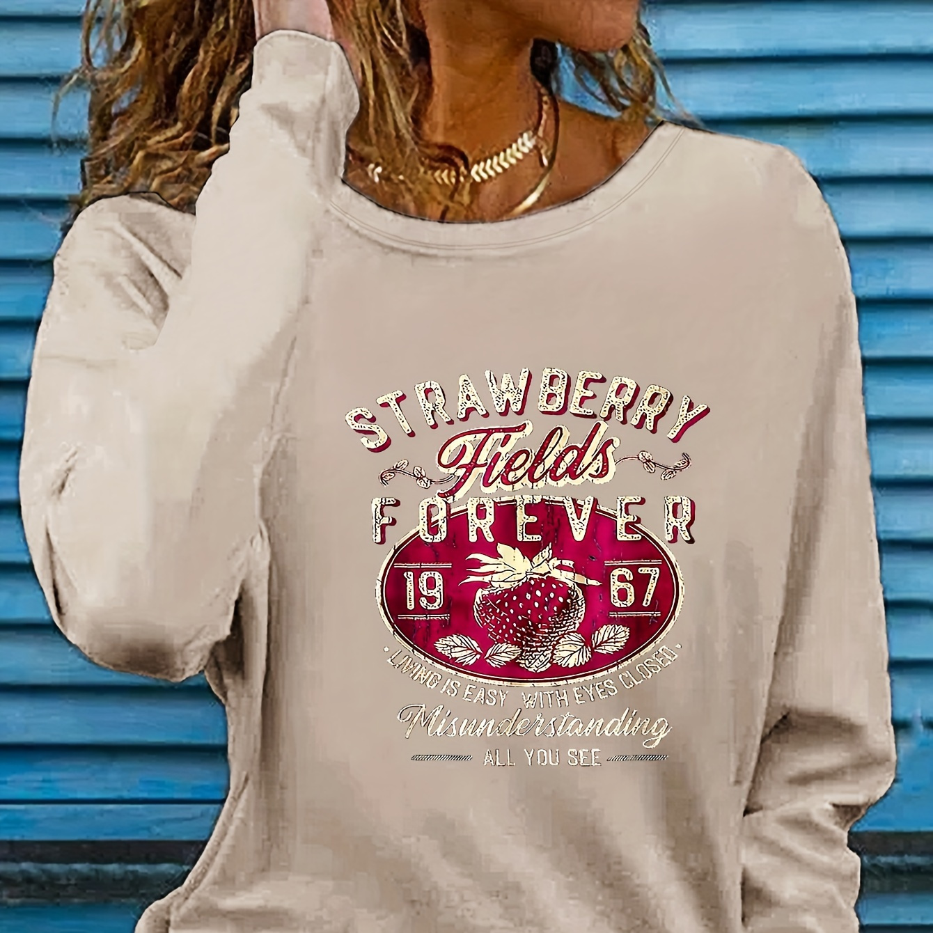 

Women's Royal Blue Long Sleeve T-shirt - "strawberry " Graphic, Casual Crew Neck Top, Polyester, Spring & Fall, Fall Casual Shirt|slim Fit Shirt|applique