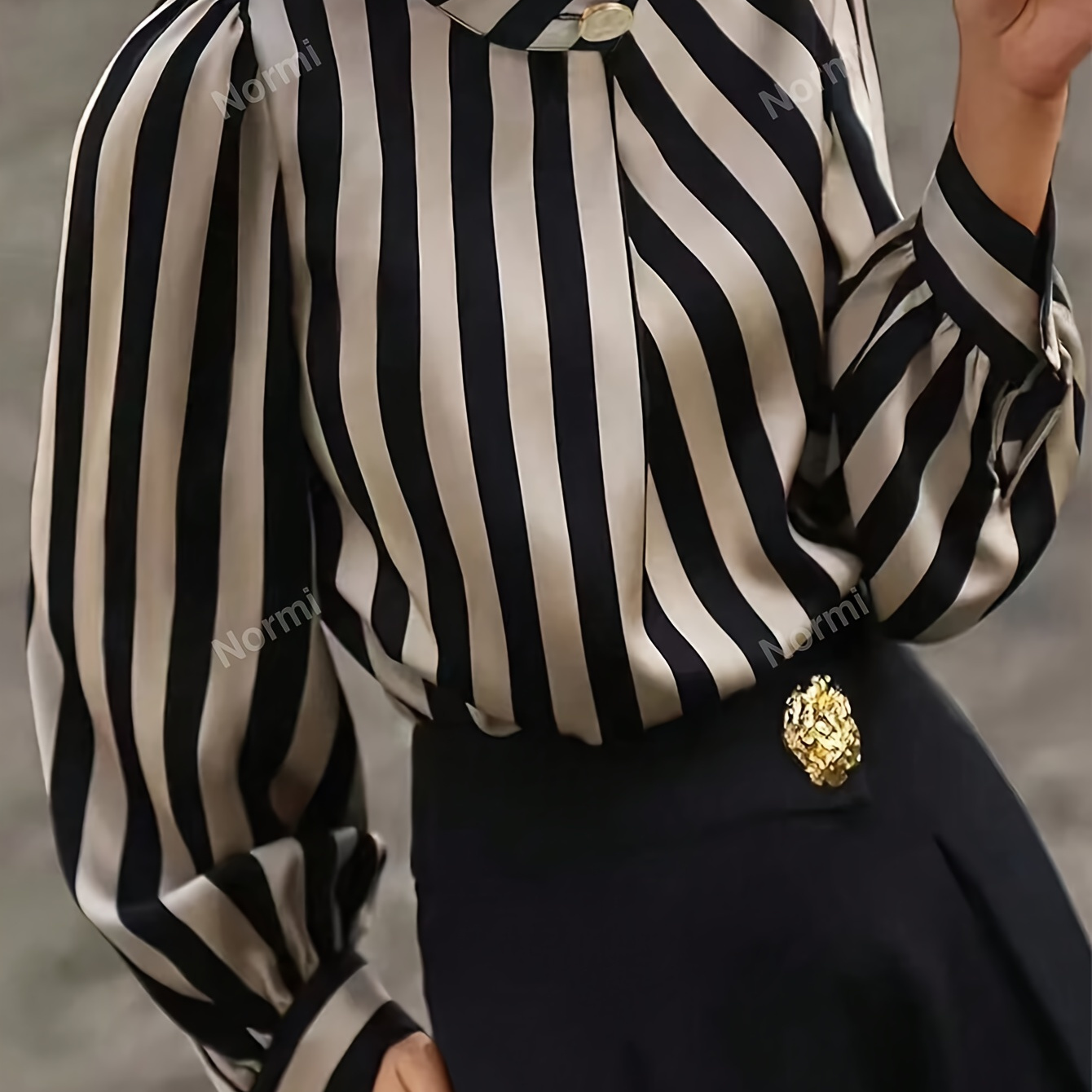 

Elegant Middle Special Women's Striped Printed Semi High Neck Shirt With Button Detail, Woven Polyester, Adult Fashion For Spring/fall