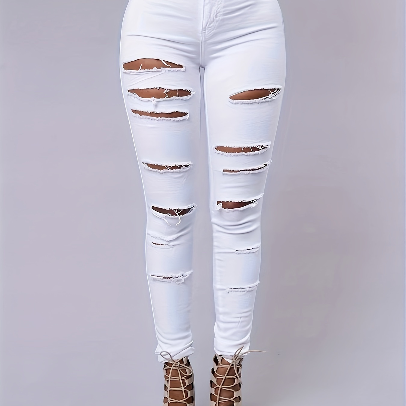 

Women's Plus Size High Waist Ripped Jeans, Street Style Distressed Denim Pants, White Skinny Fit Trousers With Pockets