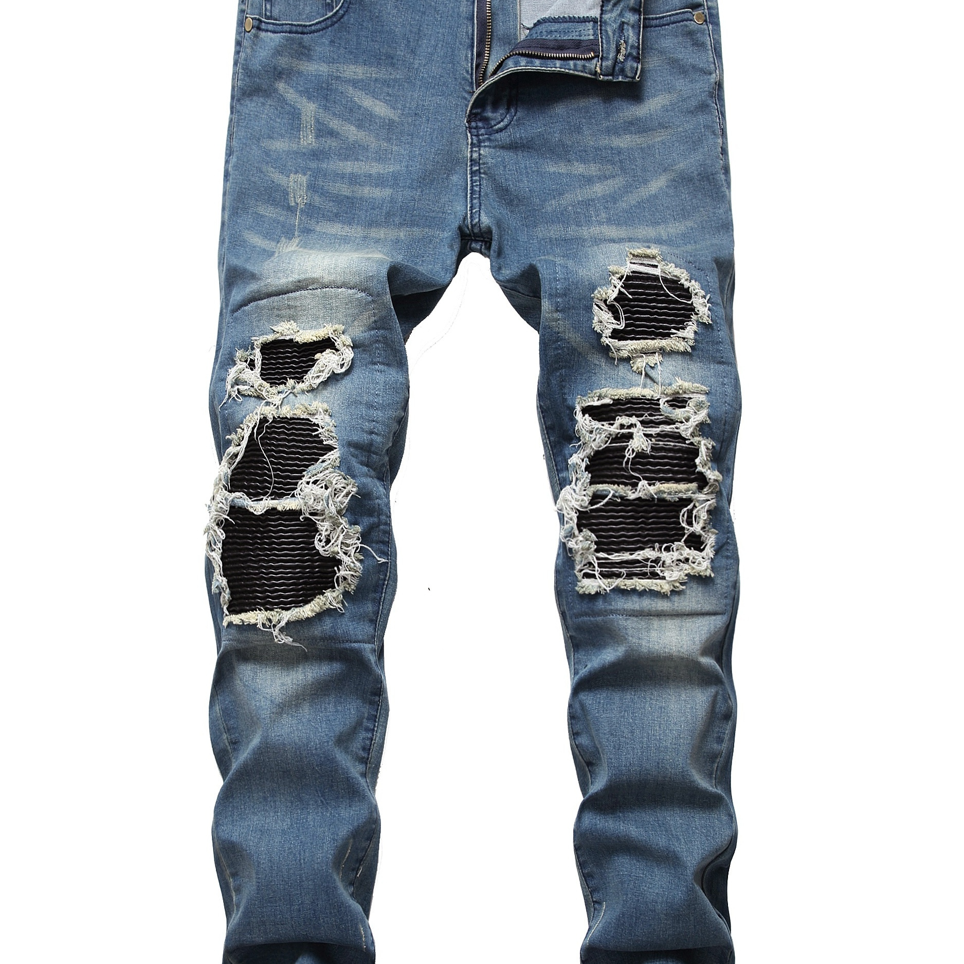 Men's Distressed Slim Fit Biker Jeans Stretched Moto Denim Pants