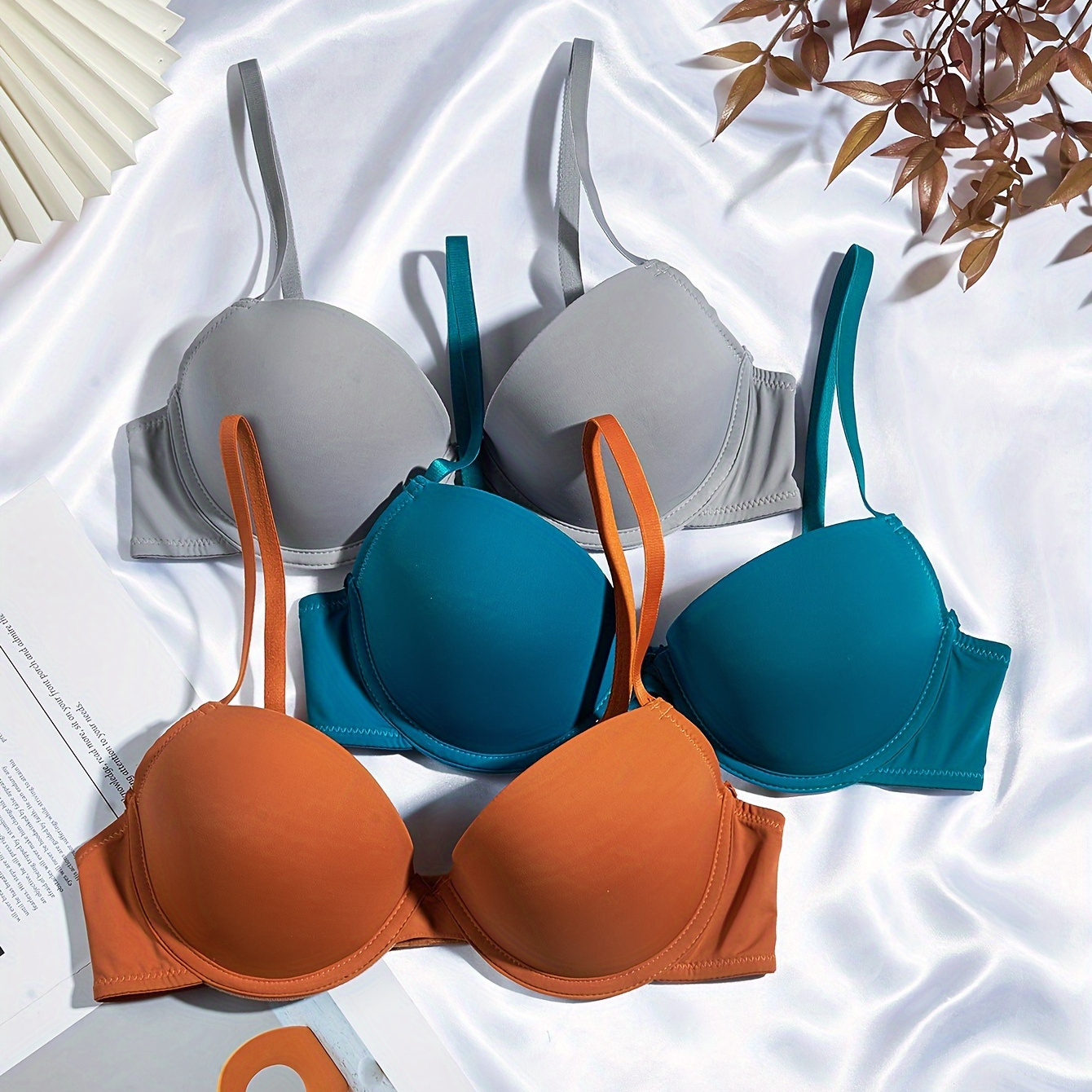 

3pcs Simple Solid T-shirt Bras, Comfy & Breathable Push Up Bra, women's Lingerie & Underwear