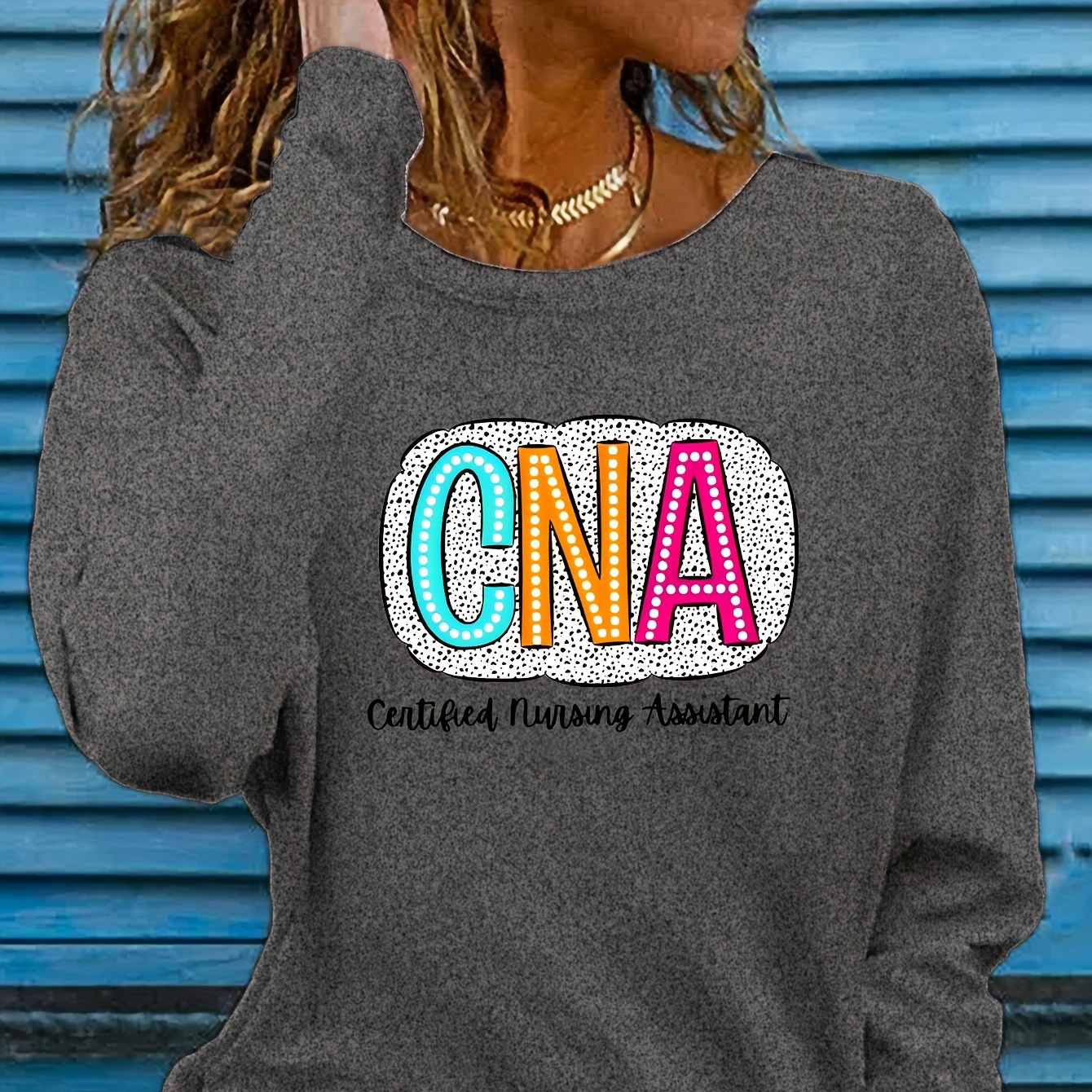 

Women's Casual Long Sleeve Crew Neck T-shirt With Cna Applique, Polyester Knit Fabric, , Regular Length, All Top - Yellow