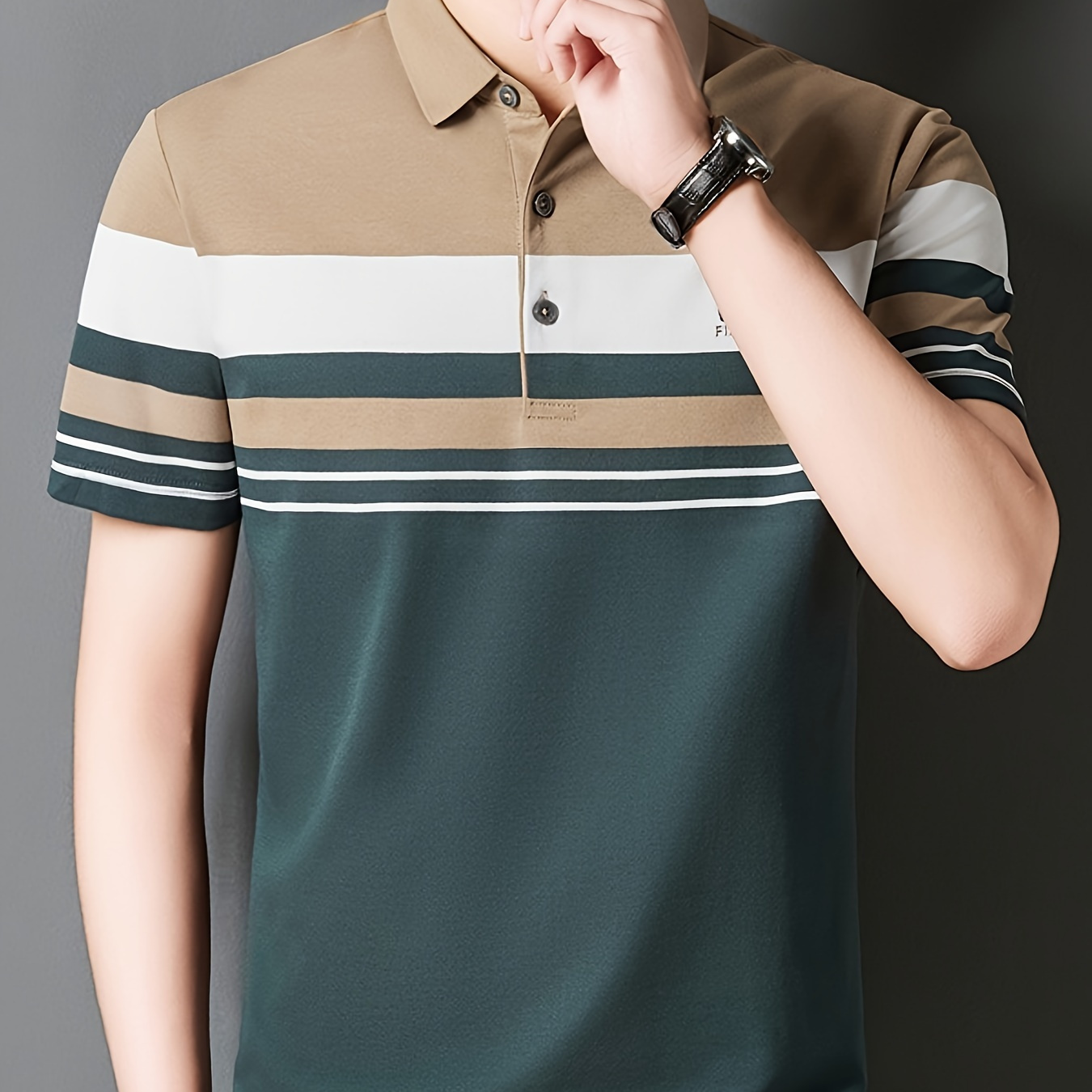 

Men's Color Blocked Short Sleeve Lapel Golf Shirts, Casual Style Slight Stretch Regular Fit Summer Tops, Summer Golf Shirts