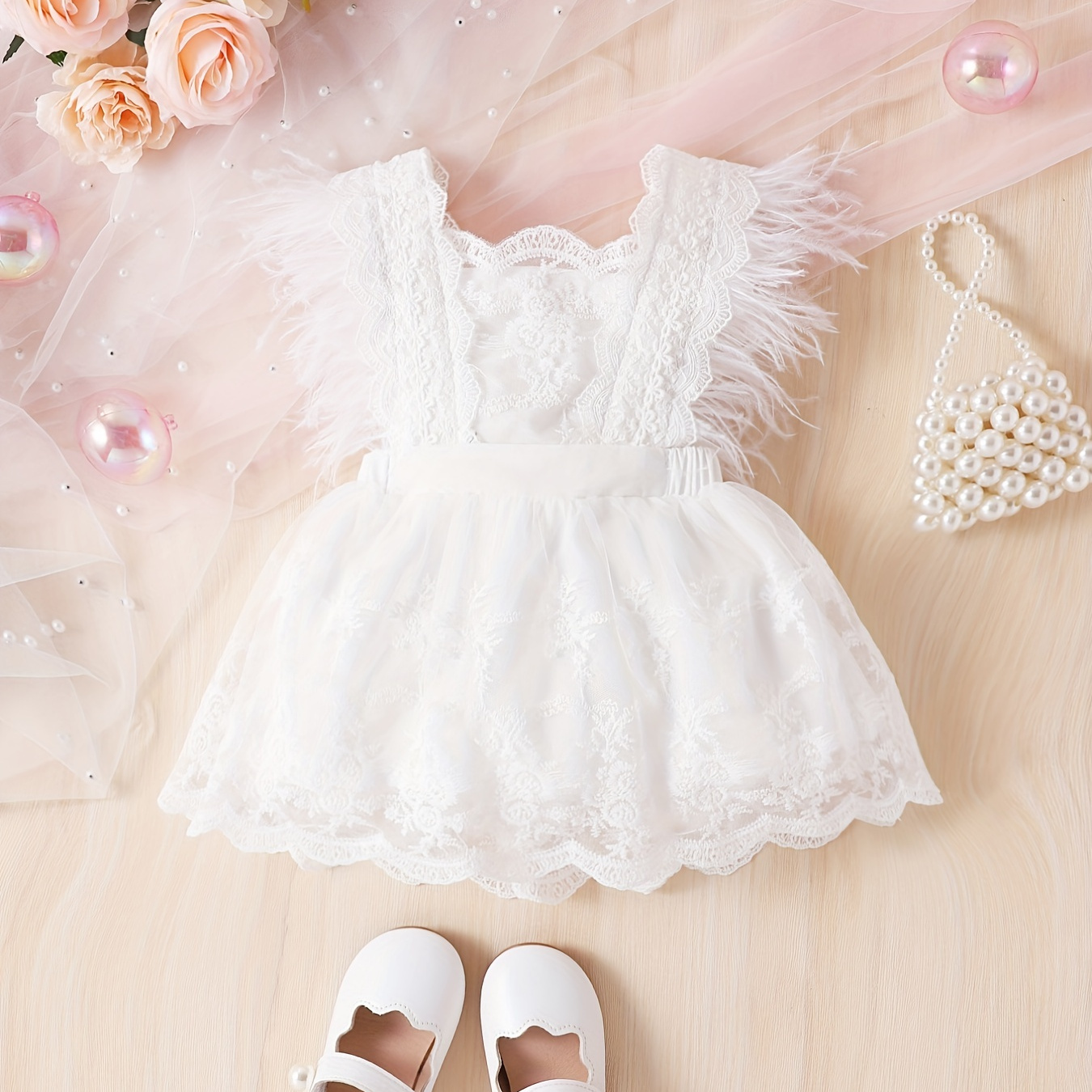 

Infant & Toddler's Feather Decor Lace Dress, Fairy Sleeveless Princess Dress, Baby Girl's Clothing For Summer/spring, As Gift