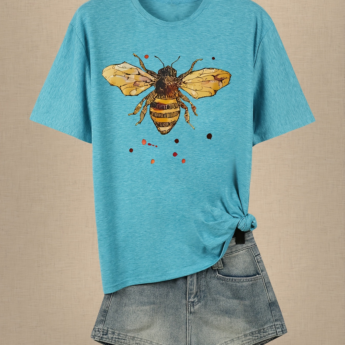 

Plus Size Cartoon Bee Print T-shirt, Casual Short Sleeve Top For Spring & Summer, Women's Plus Size Clothing
