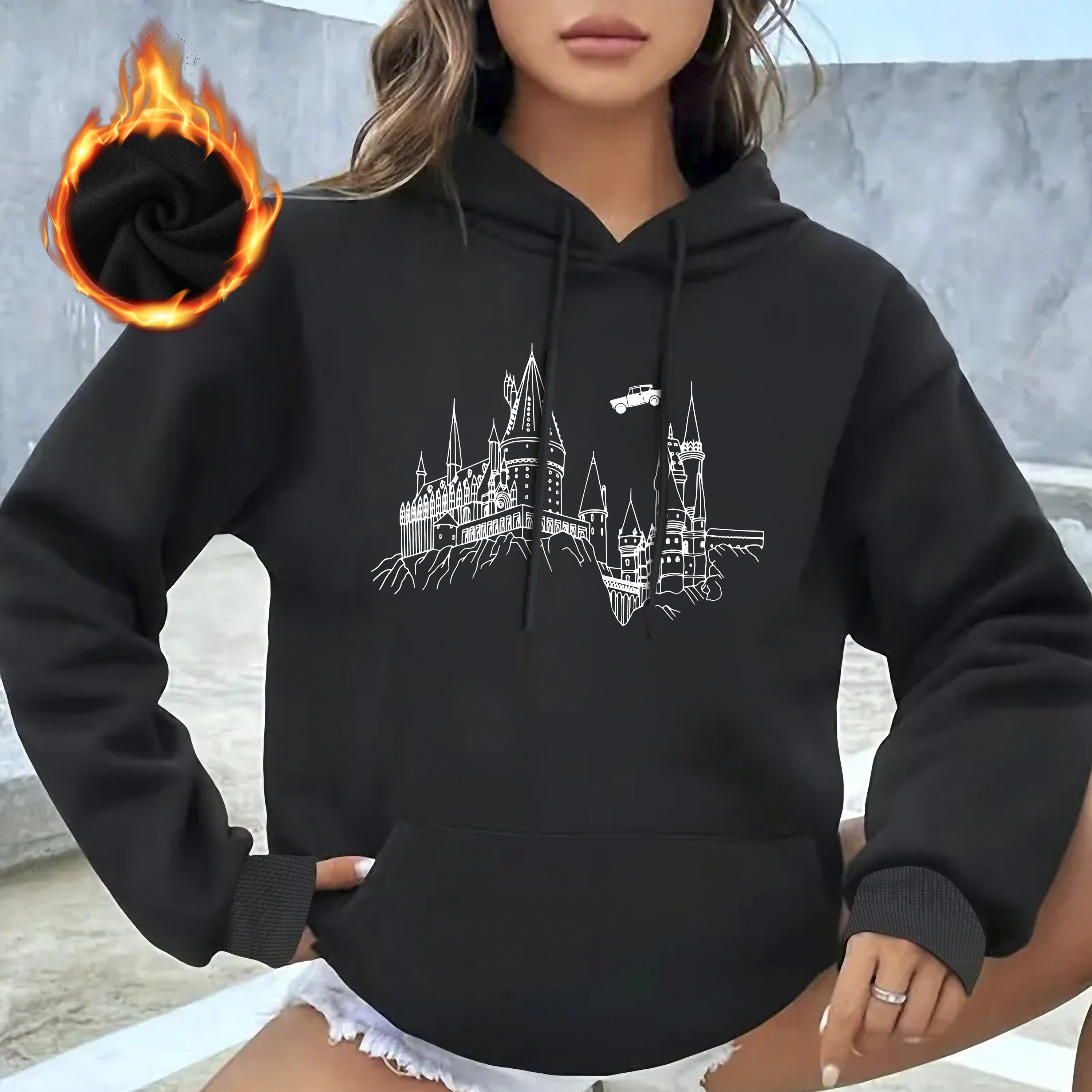 

Castle On Kangaroo Pocket Hoodie, Casual Long Sleeve Drawstring Hooded Sweatshirt, Women's Clothing