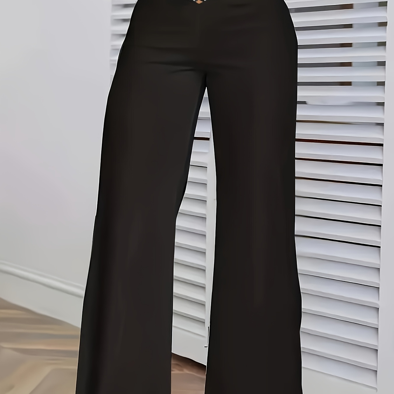 

1pc Sexy Solid Color Rhinestone Cut-out Wide Leg Pants For Women, Polyester 95% Spandex 5% Knit Fabric, Long Trousers For Night Out - No Belt