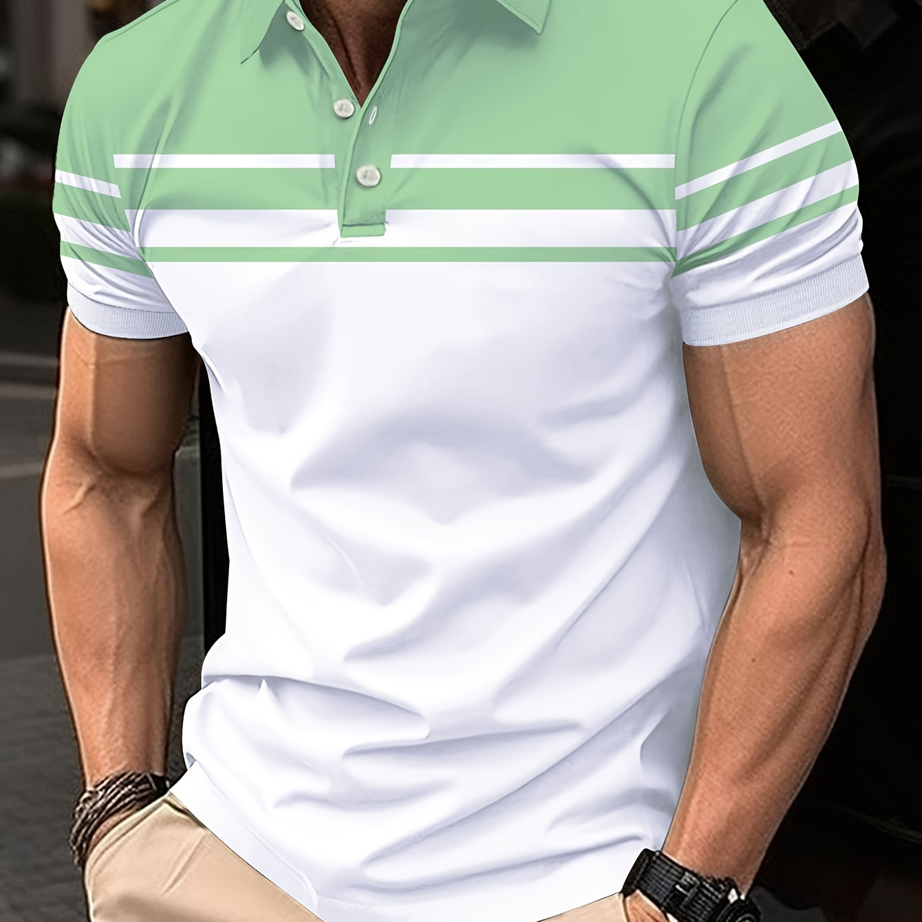 

Men' Color Blocking Print Summer Short Sleeve Lapel T-shirt, Casual Comfy Sports Top As Gift