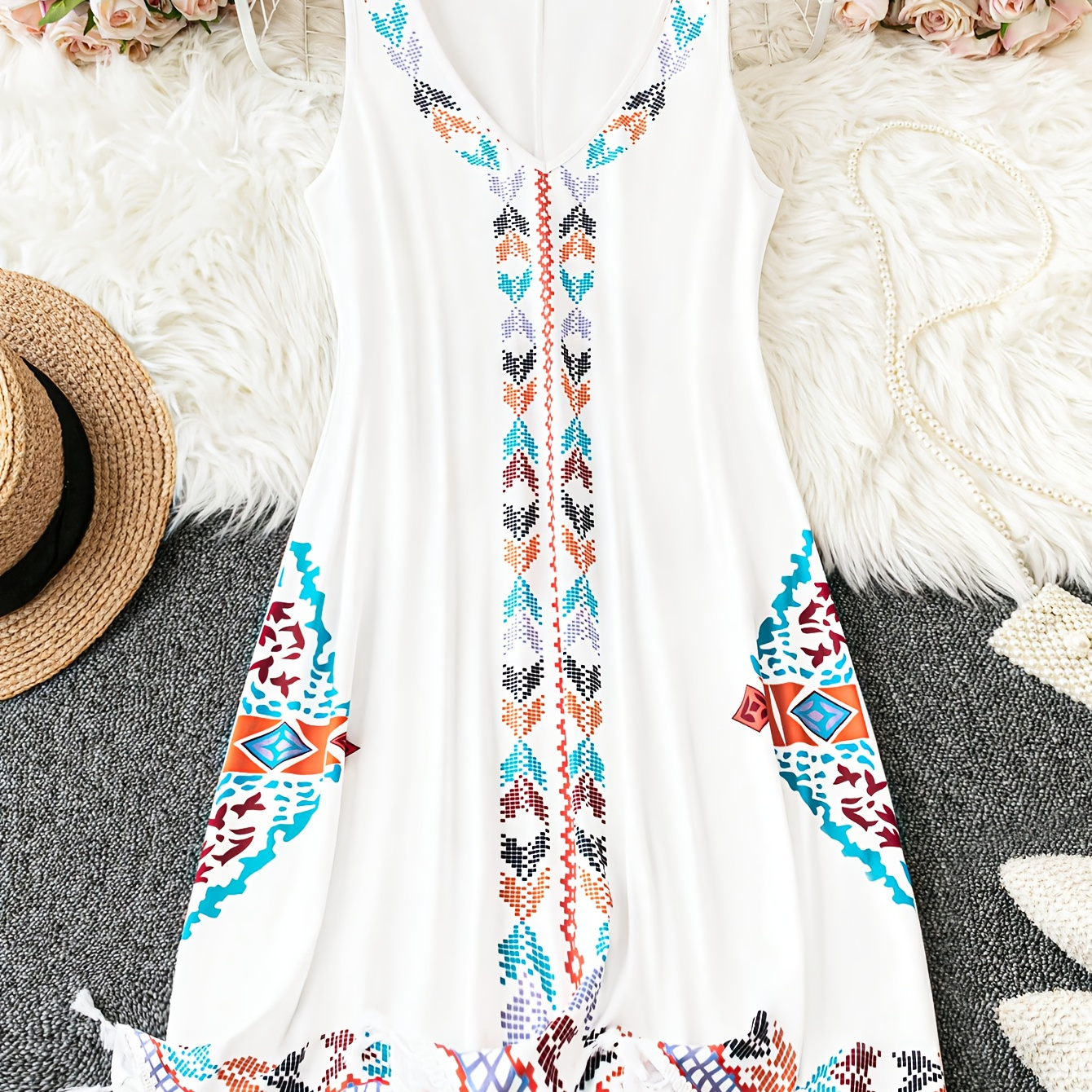 

Size Bohemian Dress, Polyester Knit Fabric With Slight Stretch, V-neck Sleeveless With Random Print Pattern, For Spring/summer/fall