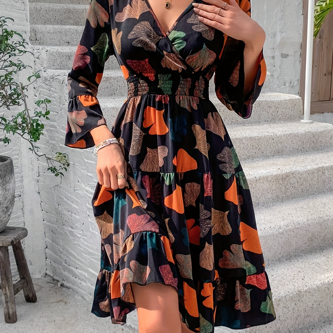 

Floral Print Surplice Neck Dress, Elegant Long Sleeve Dress For Spring & Fall, Women's Clothing