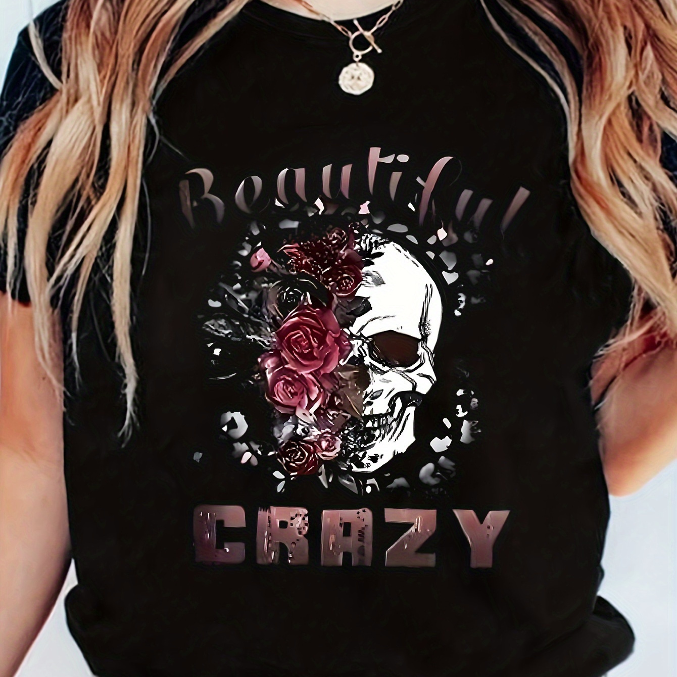 

Plus Size Floral Skull & Letter Print T-shirt, Casual Short Sleeve Top For Spring & Summer, Women's Plus Size Clothing