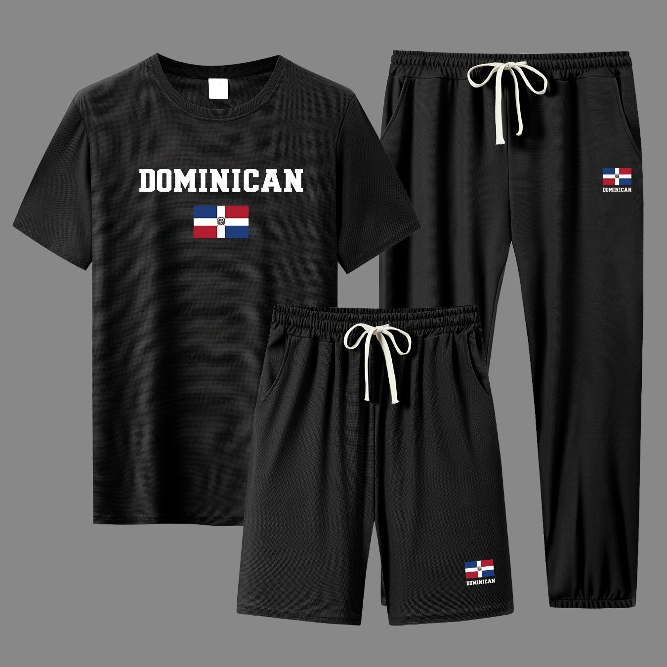 

Dominican Men's 3-piece Casual Sports Set, Short Sleeved T-shirt And Shorts And Pants Set, Breathable Summer Clothing