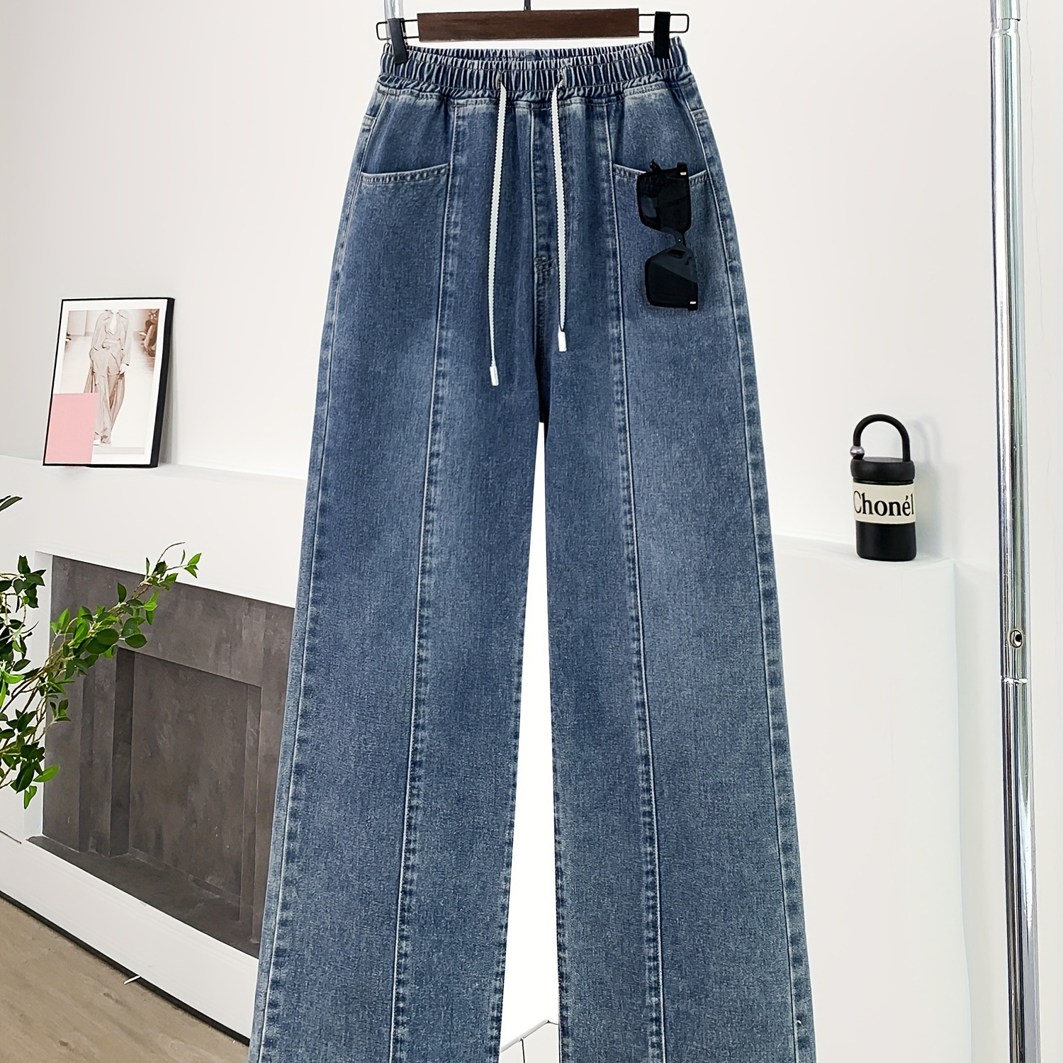 

Women's Drawstring High Waisted Straight Denim Pants With Pockets, Waist Casual Blue For Women, Non-stretch, Women's Denim Jeans & Clothing