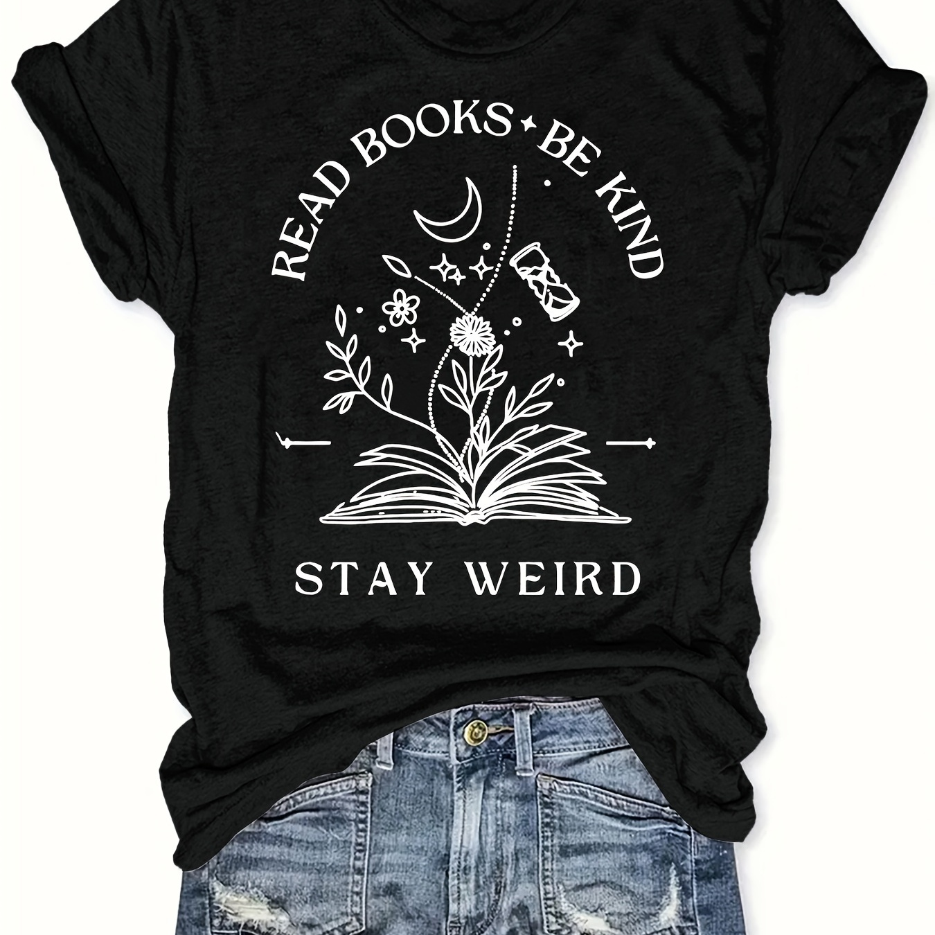 

Plus Size Book & Plant Print T-shirt, Casual Short Sleeve Top For Spring & Summer, Women's Plus Size Clothing