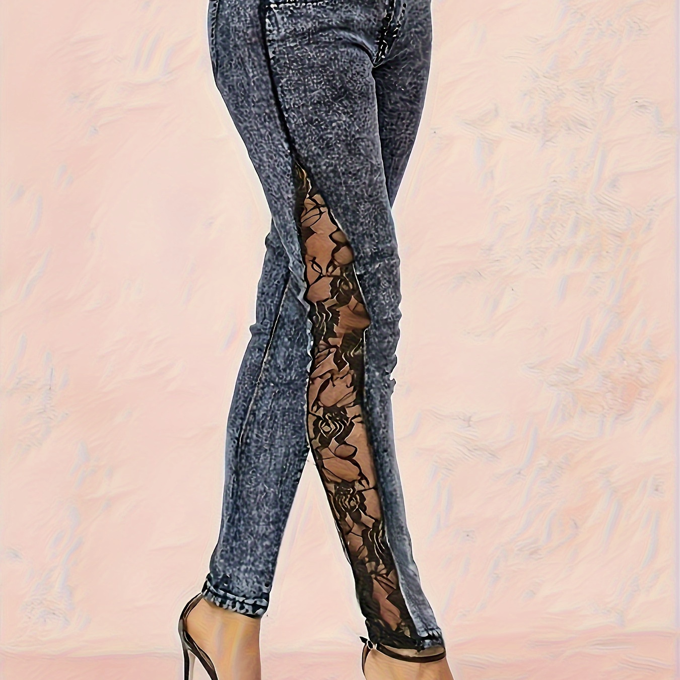 

Silhouette Élégante, Jeans Skinny Taille Haute à Dentelle pour Femmes - Vintage, Pantalon Crayon en Denim Extensible avec Détail Rayé, Lavable en Machine