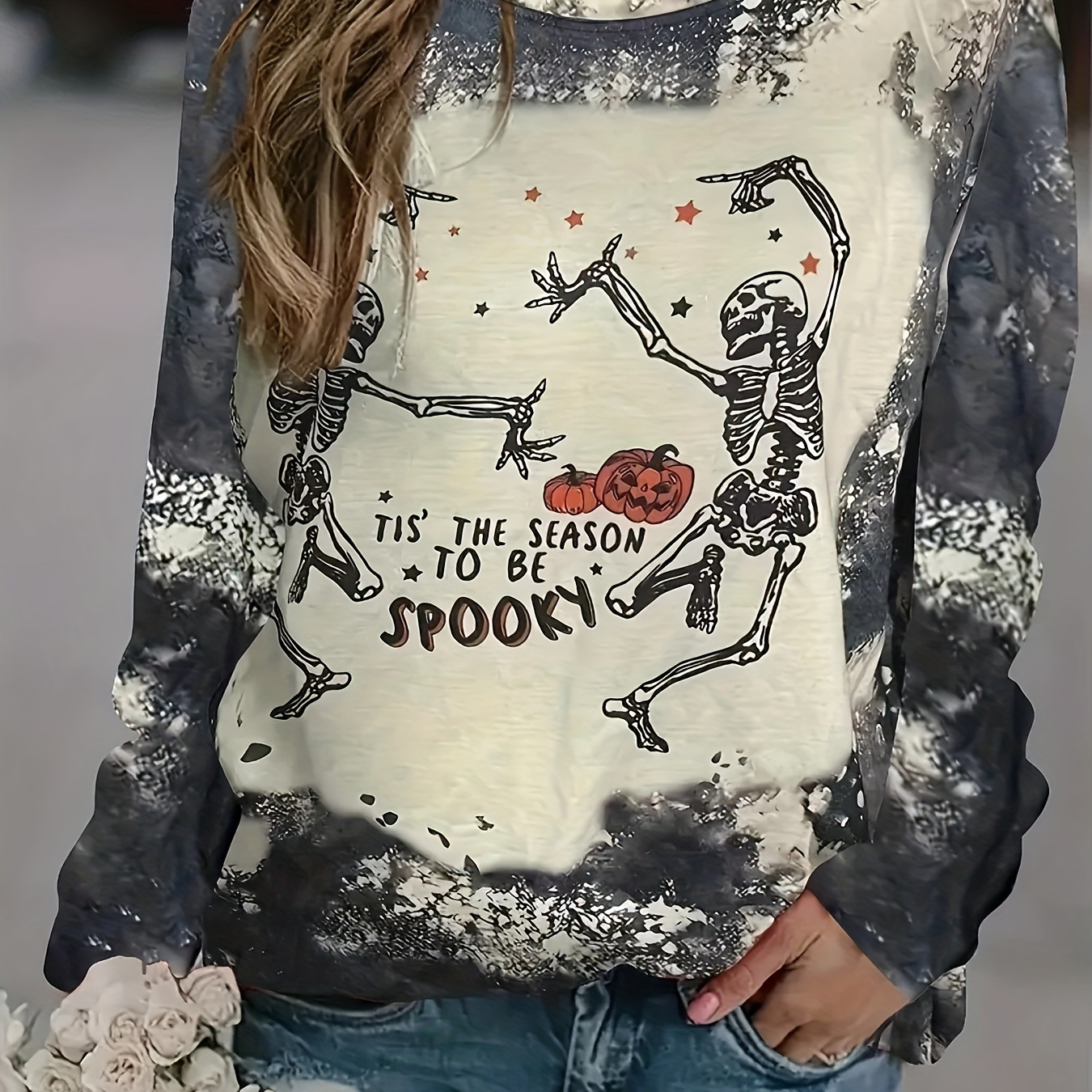 

Dancing Skull Print Sweatshirt, Casual Crew Neck Long Sleeve Halloween Sweatshirt, Women's Clothing