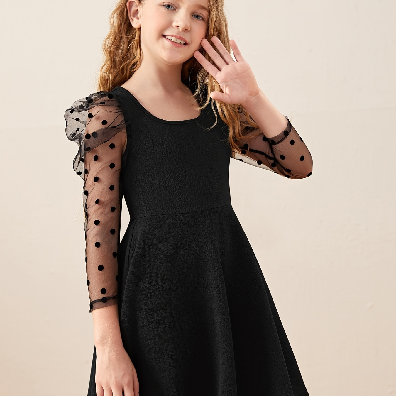 Girls Polka Dot Mesh Puffer Sleeve Patchwork Flared A Line Dres Kids girls-polka-dot-mesh-puffer-sleeve-patchwork-flared-a-line-dres-kids
