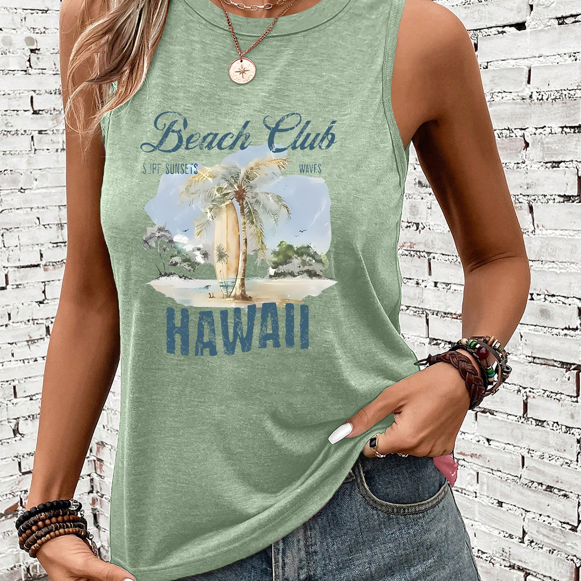 

Hawaii Print Tank Top, Sleeveless Casual Top For Summer & Spring, Women's Clothing