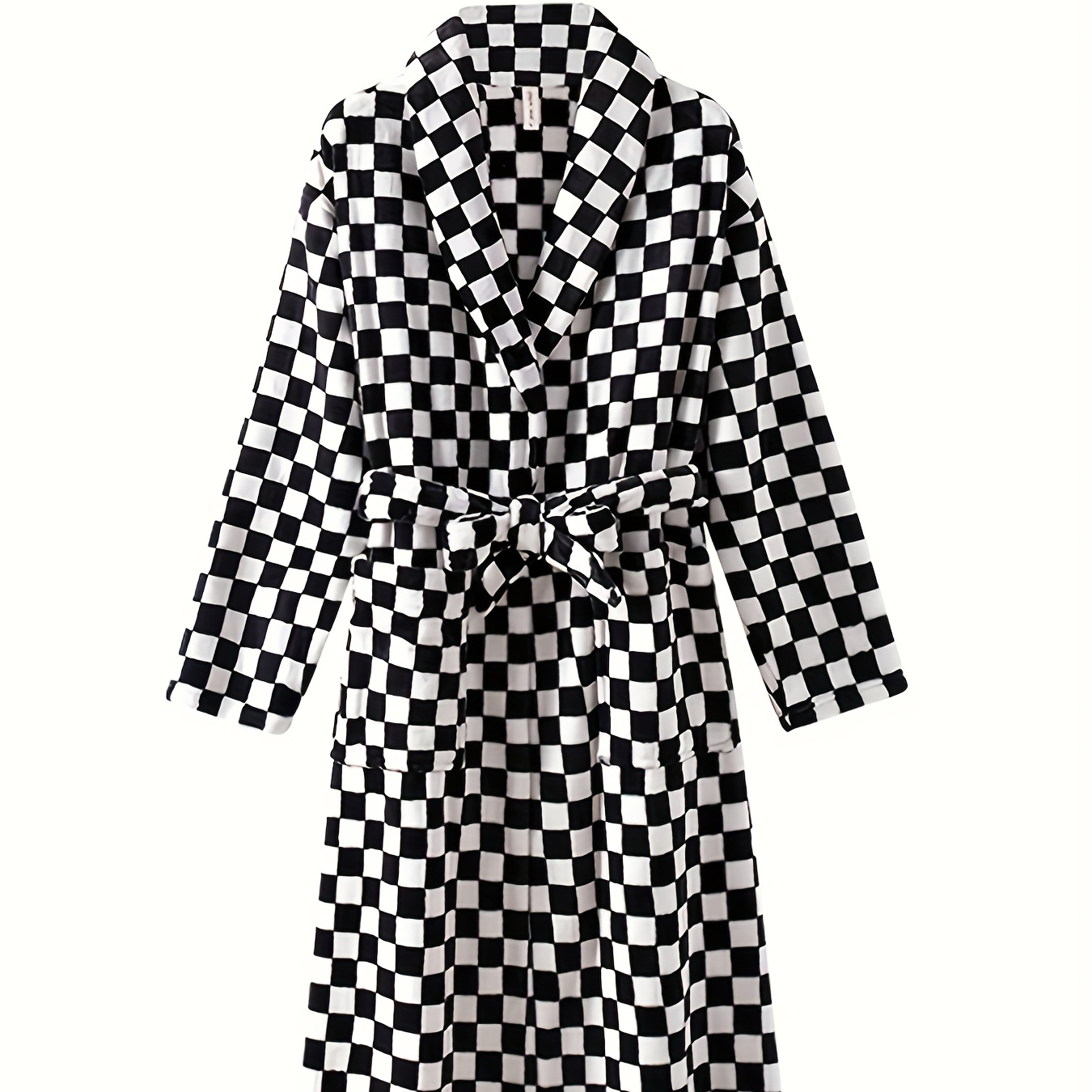 

Men's Comfy Checkerboard Pattern Fleece Robe Home Pajamas, Shawl Collar One-piece Lace Up Kimono Night-robe With Pockets