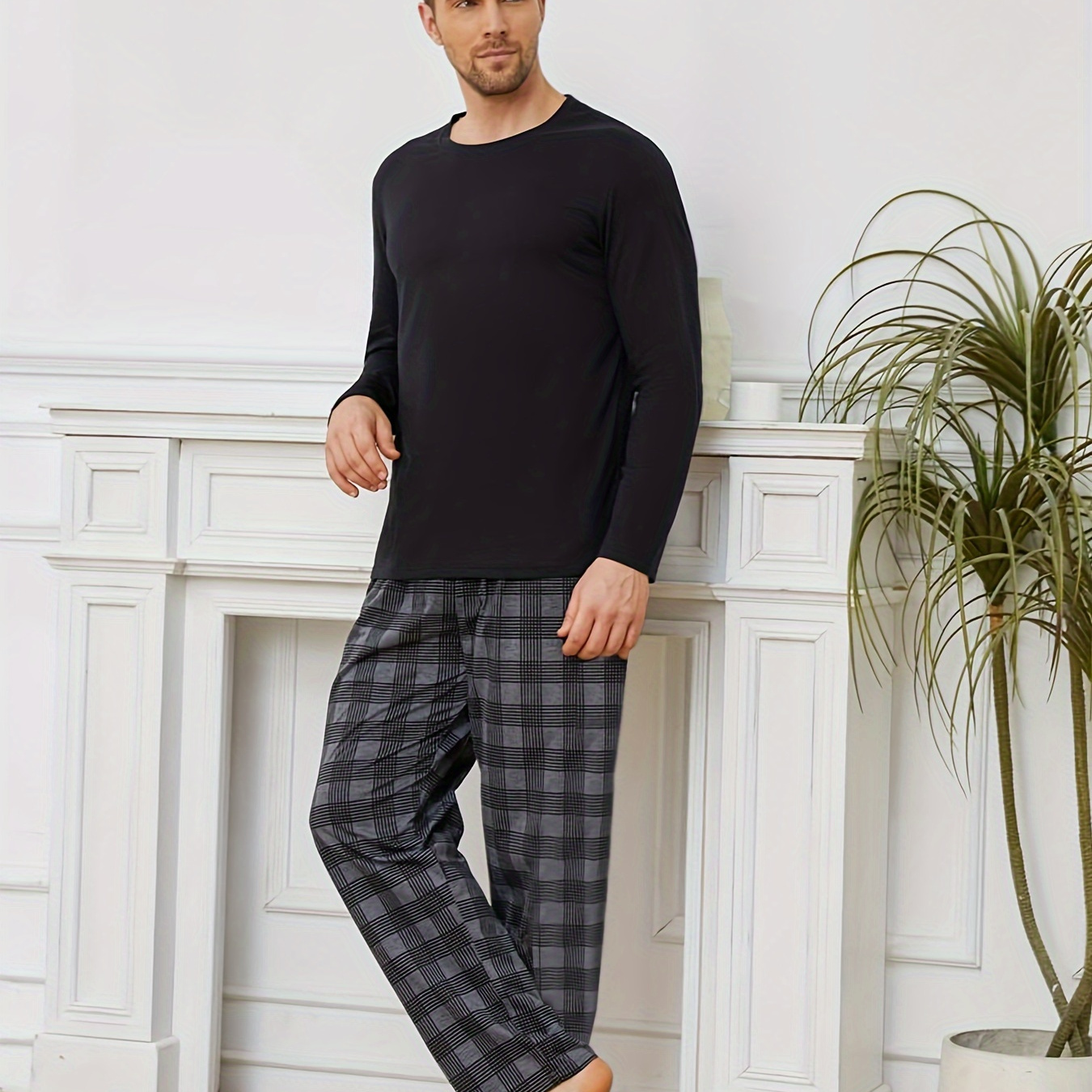 

Men's Casual Plaid Pajama Set - Polyester Crew Neck Long Sleeve Top And Checkered Pants, Knit Fabric Sleepwear With Slight Stretch, All Season Comfort Fit Lounge Set