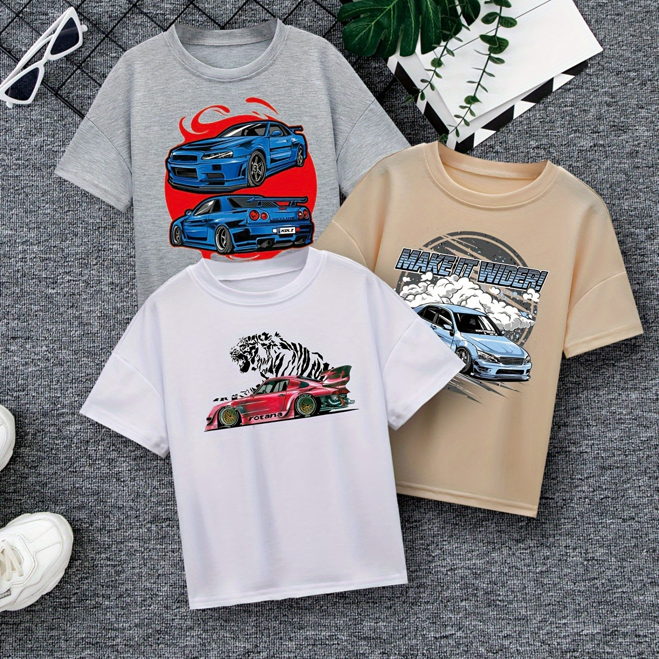 

3-pack Trendy Jdm Car Theme Print, Casual And Comfortable, Loose Fit, , Sizes For Youth