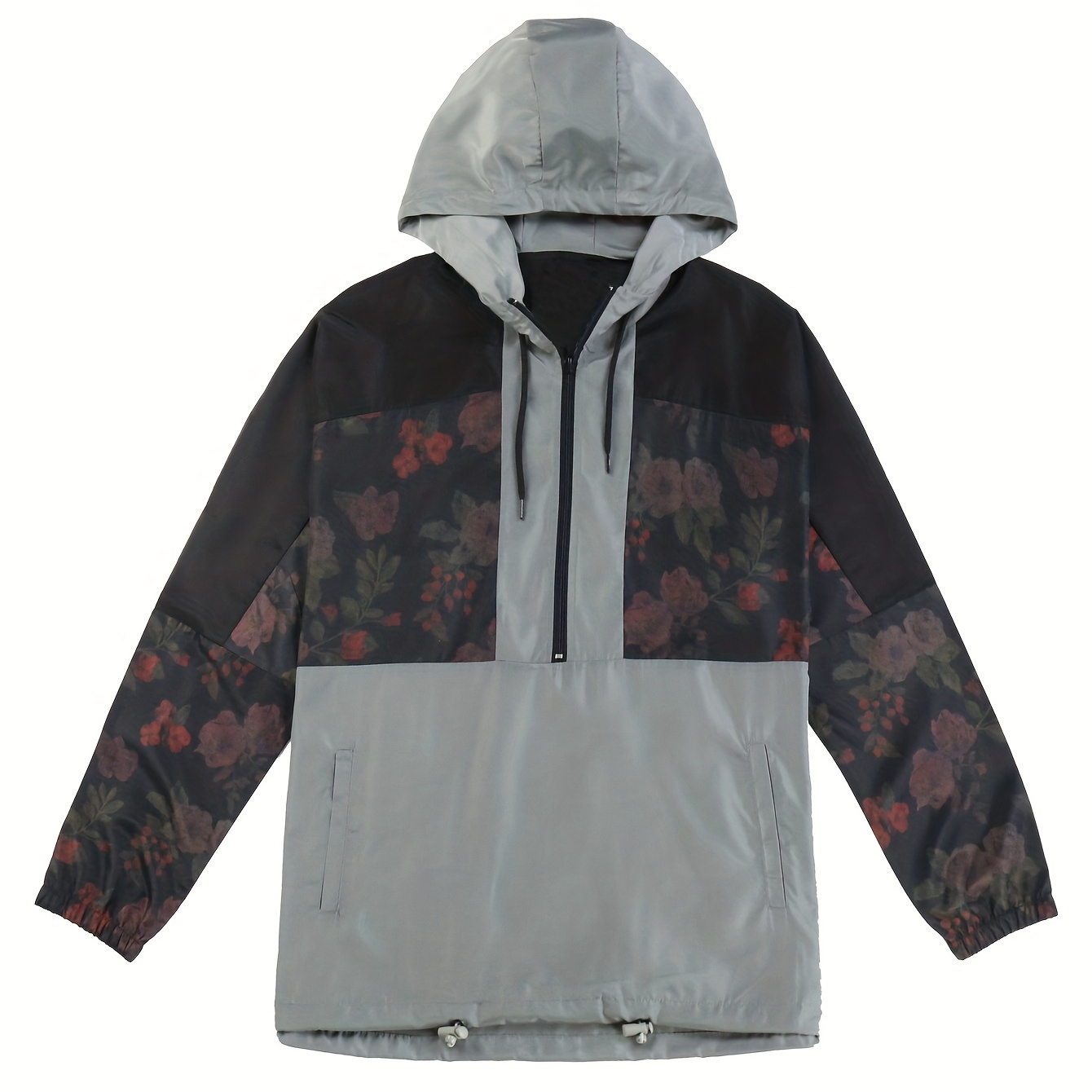 

Men's Floral Print Long Sleeve Windbreaker, Fashionable Breathable Active Jacket With Hood, Stylish Half-zipped Outdoor Jacket