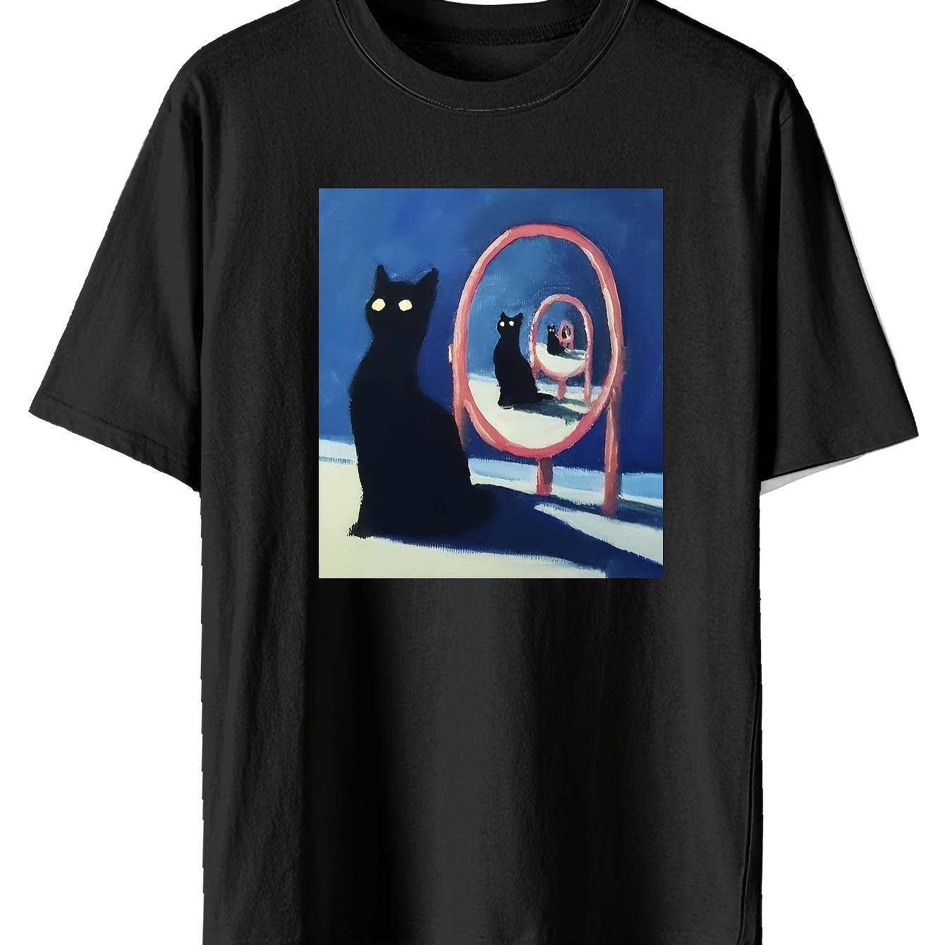 

Cartoon Mirror Black Cat Print Cotton T-shirt For Men, Casual Short Sleeve Top, Men's Clothing For Summer Daily Wear