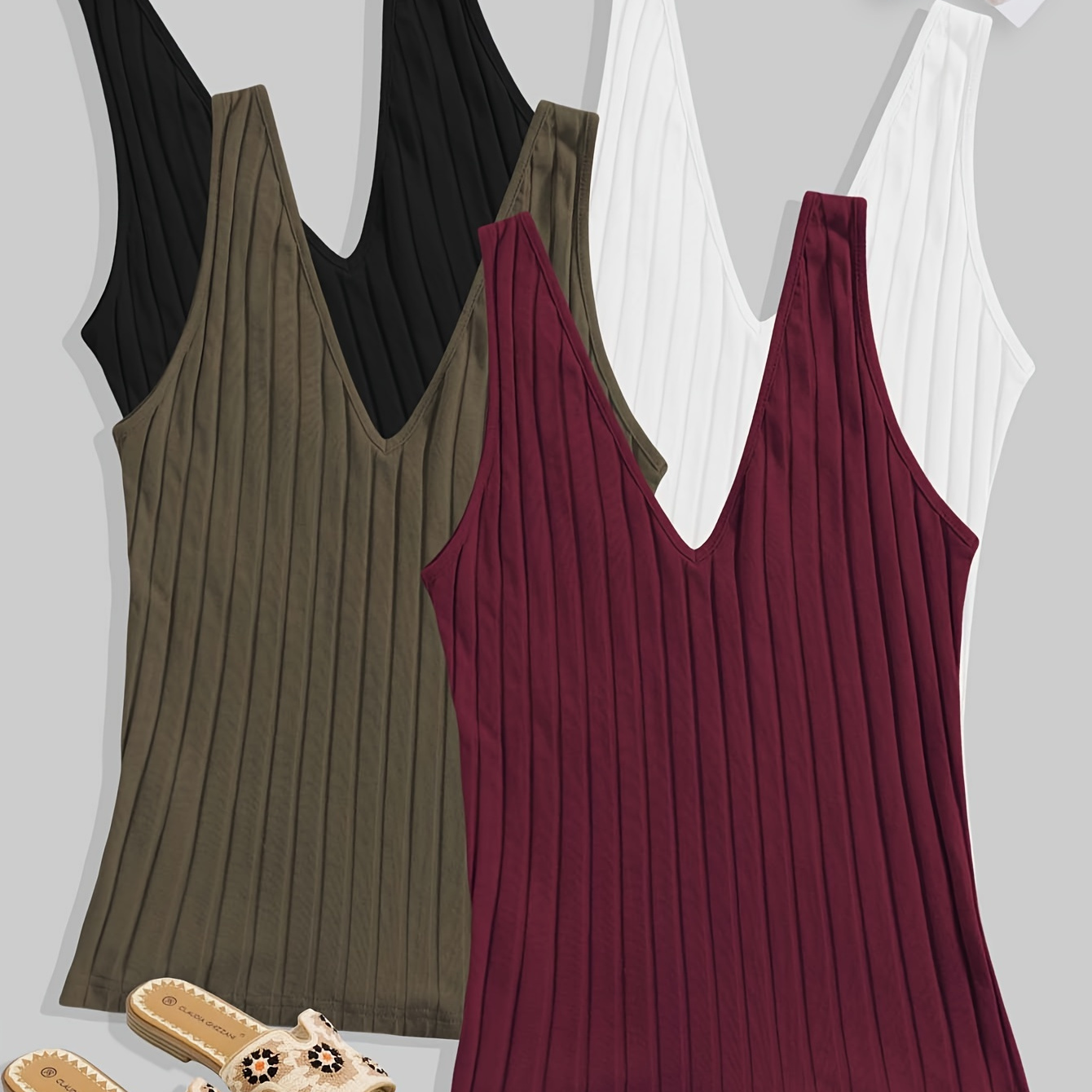 

4pcs Ribbed Solid Color V-neck Tank Top, Casual Sleeveless Slim For , Women's Clothing