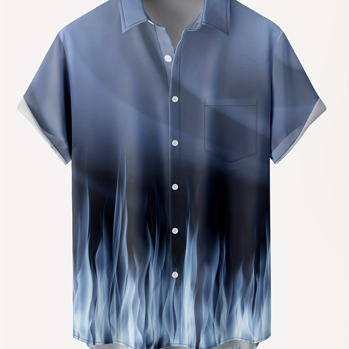 

Blue Flame Print Men's Casual Short Sleeve Shirt With Chest Pocket, Men's Shirt For Summer Vacation Resort, Tops For Men