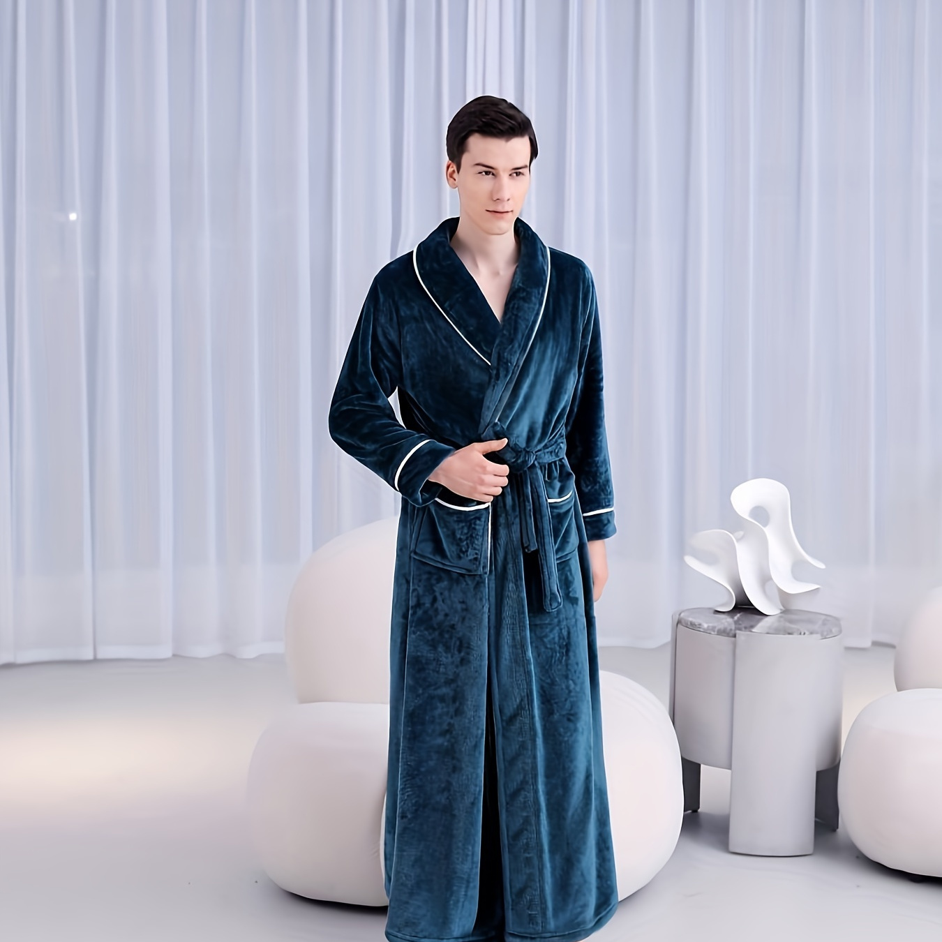 

Men's Comfy Solid Long Fleece Robe Home Pajamas Wear With Pockets, One-piece Lace Up Night-robe Warm Sets After Bath