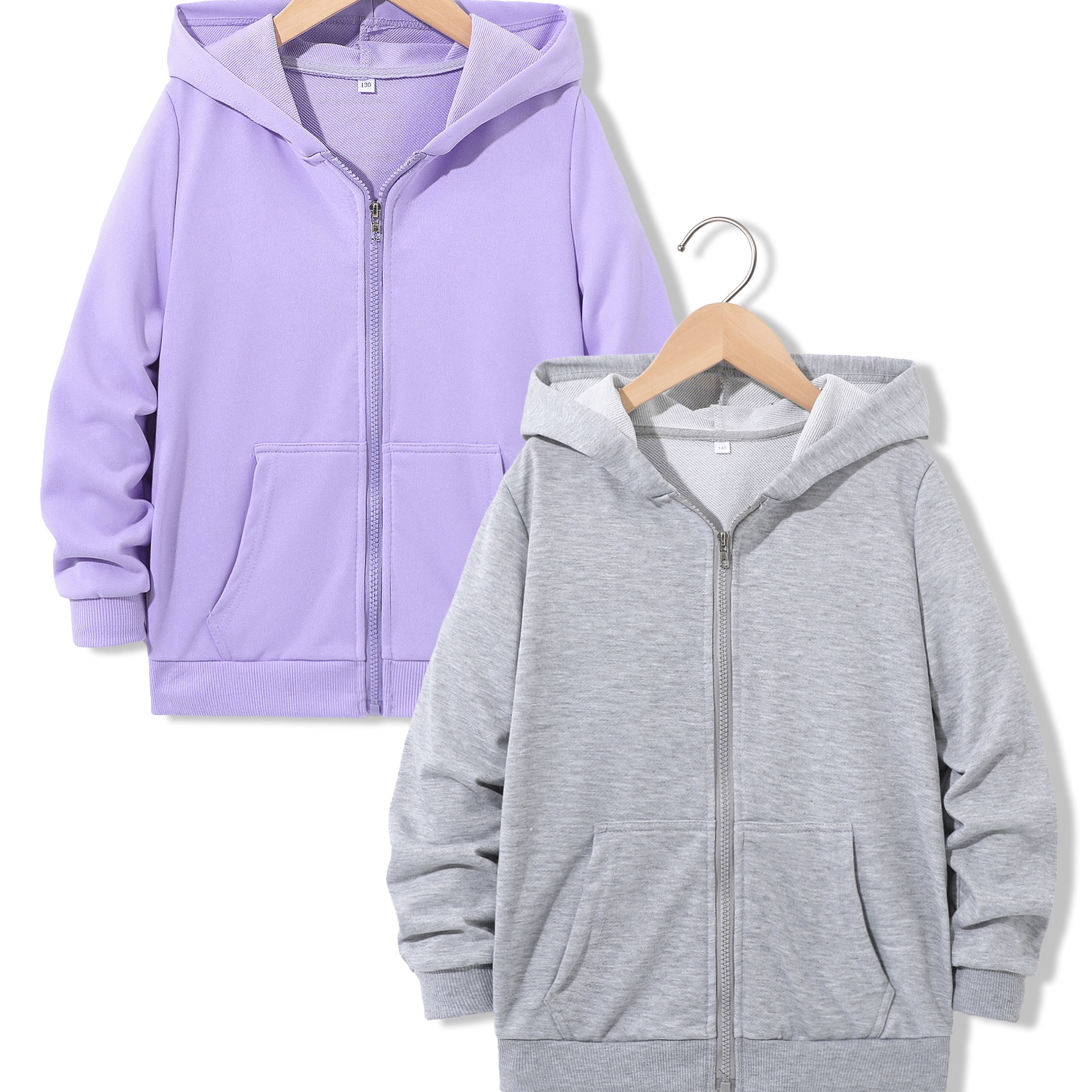 

2pcs Girls Solid Grey & Purple Basic Zip Up Hoodies, Loose Fit Sports Casual Jacket Sweatshirts With Pockets