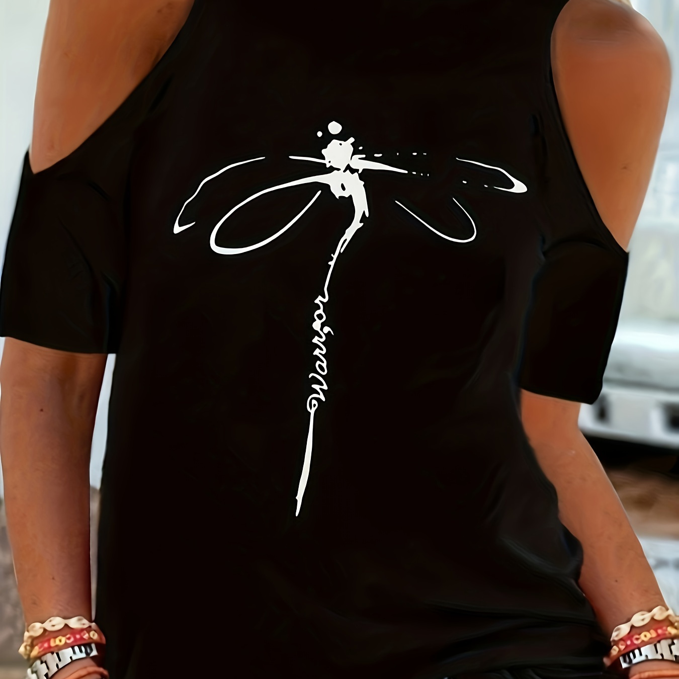 

Dragonfly Print Cold Shoulder T-shirt, Casual Short Sleeve T-shirt For , Women's Clothing