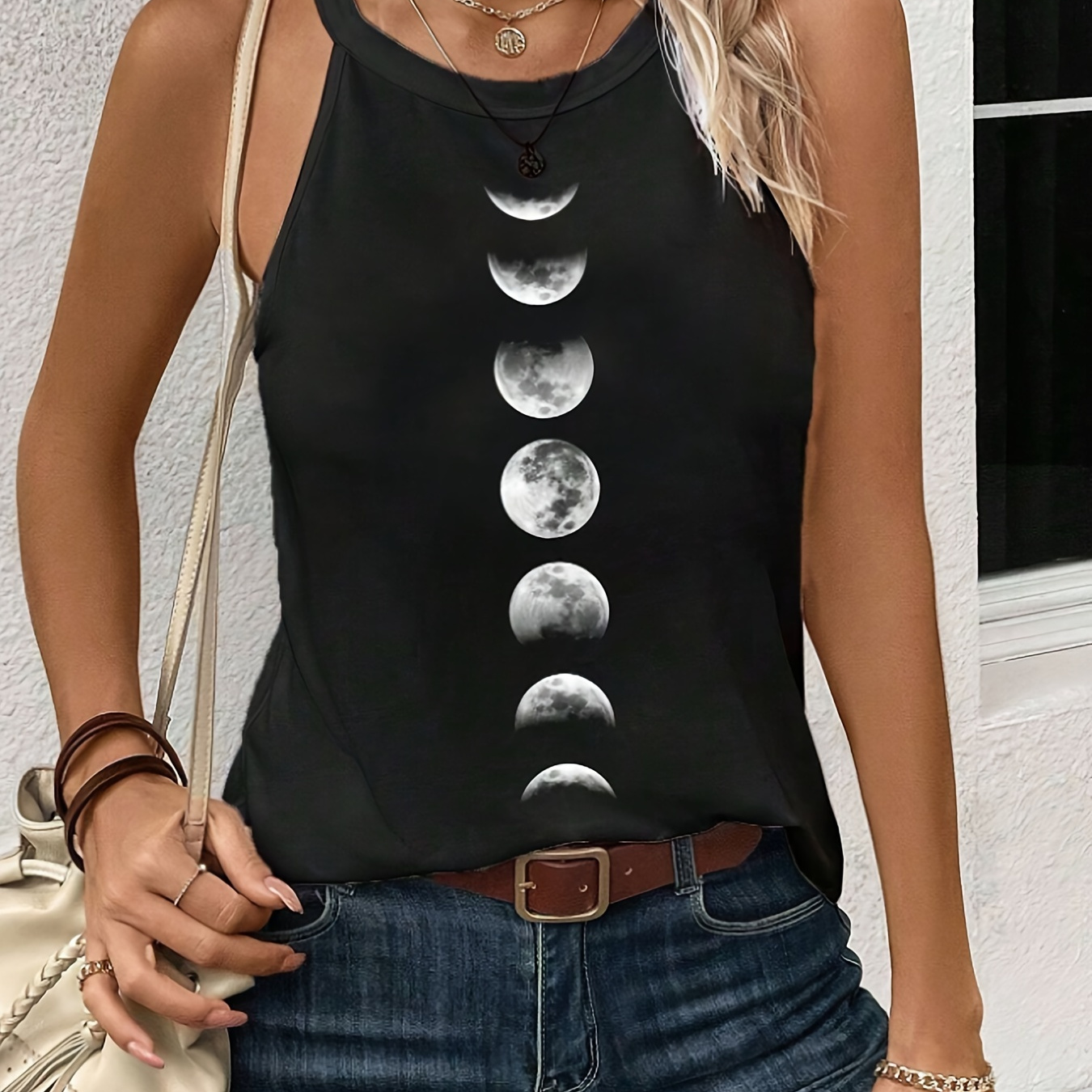 

Moon Print Cami Top, Casual Sleeveless Cami Top For Spring & Summer, Women's Clothing