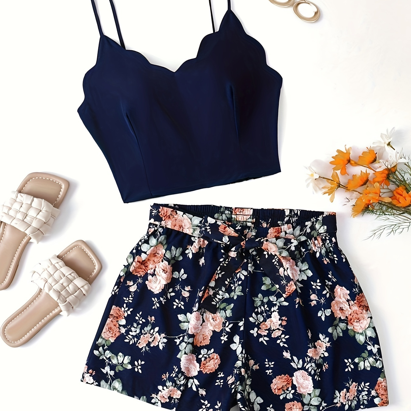 

Floral Print Elegant Shorts Set, Scallop Trim V Neck Backless Shirred Crop Cami Top & Elastic Waist Knot Front Shorts Outfits, Women's Clothing