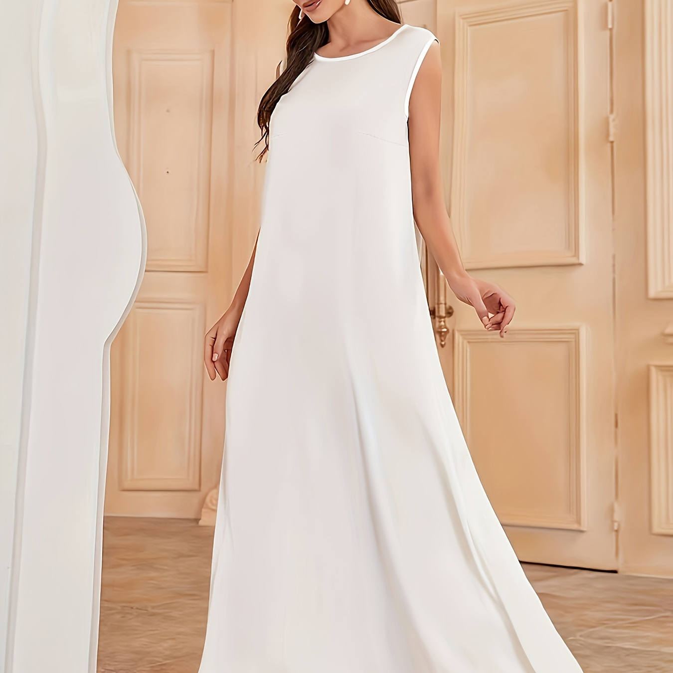 

Plus Size Solid Sleeveless Long Length Dress, Elegant Crew Neck Dress For Spring & Summer, Women's Plus Size Clothing