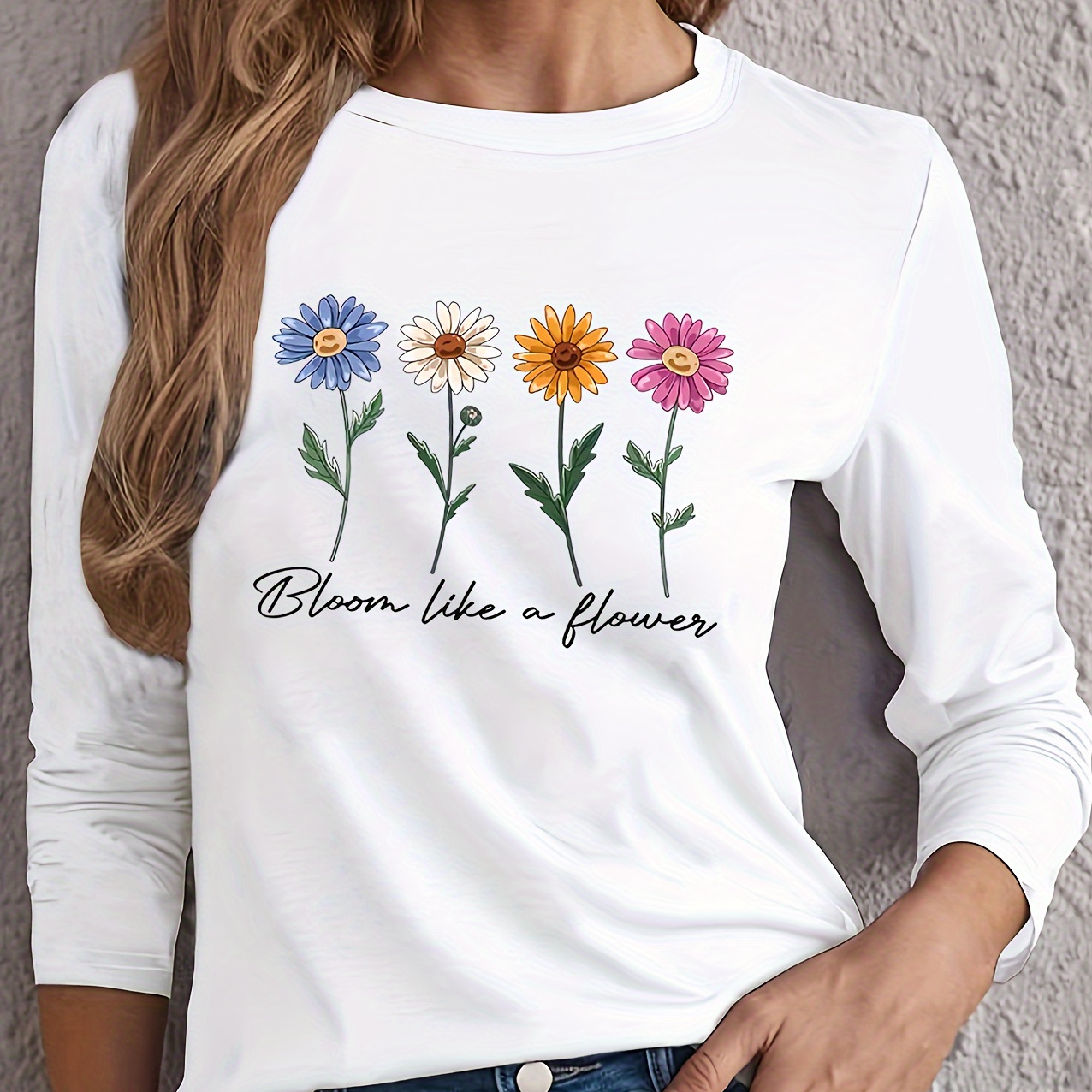 

Floral Print T-shirt, Long Sleeve Crew Neck Casual Top For Spring & Fall, Women's Clothing