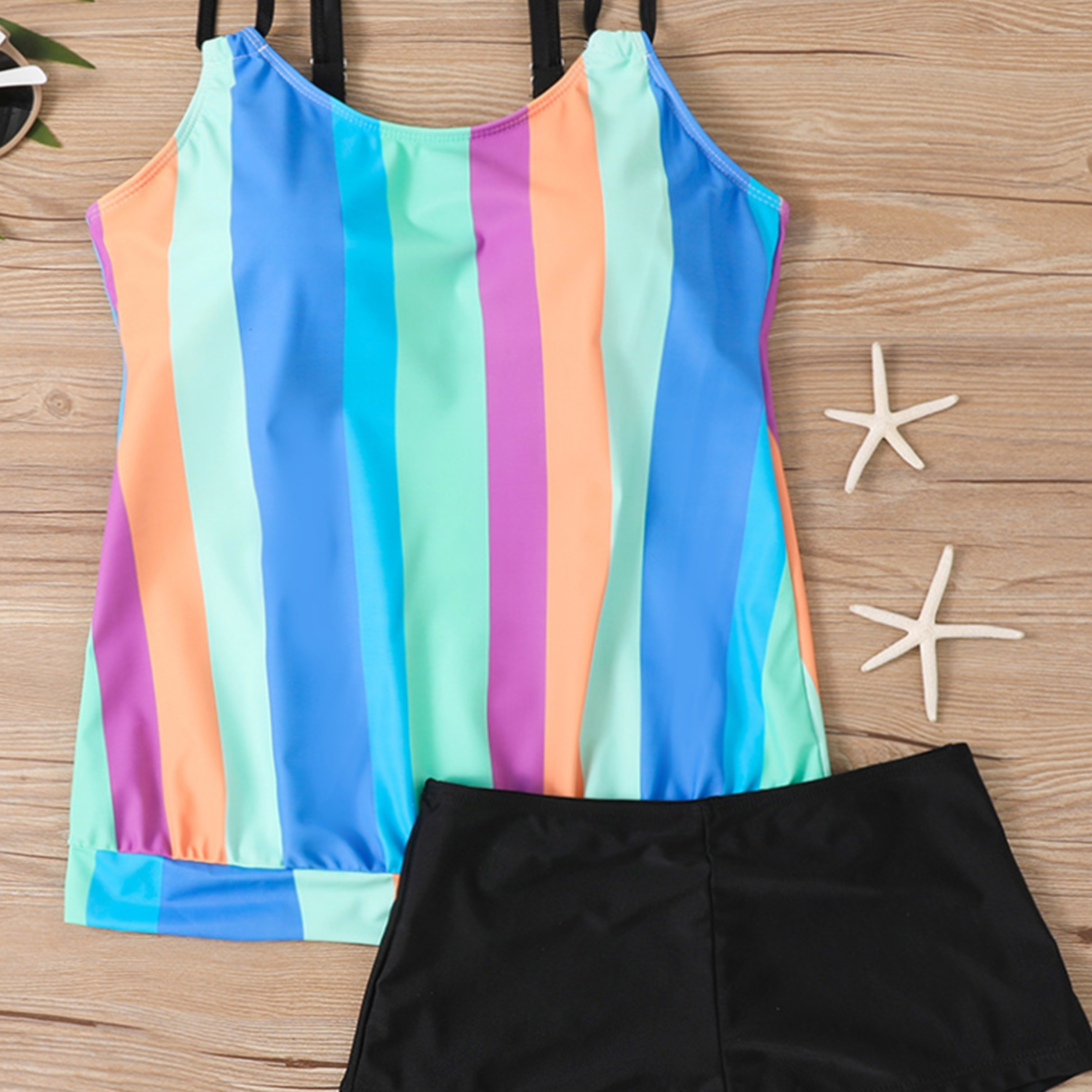 

Colorblock Striped Print Tankini Sets, Round Neck Spaghetti Straps Stretchy Boxer Short Bottom 2 Pieces Swimsuit, Women's Swimwear & Clothing