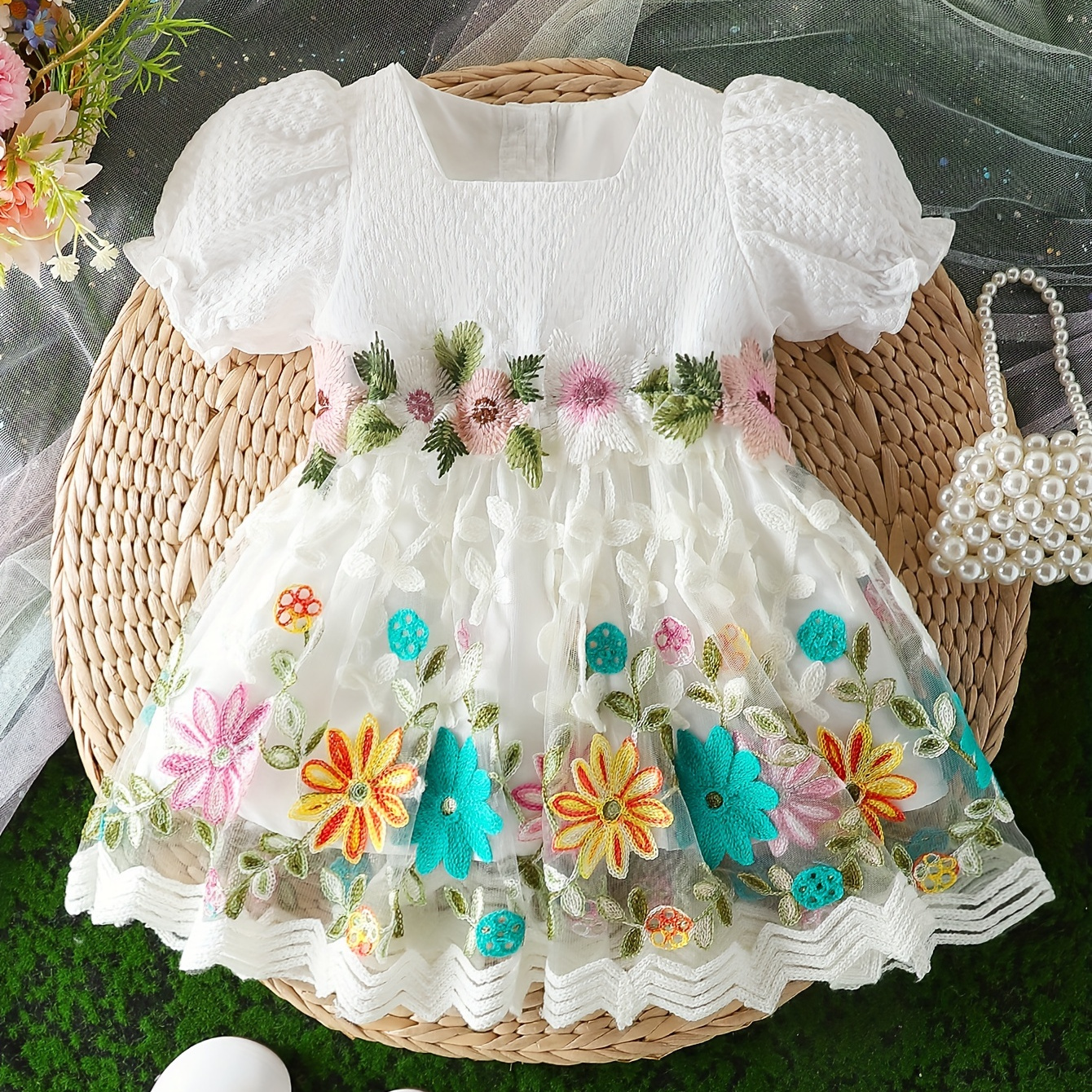 

Infant & Toddler's Elegant Floral Embroidered Mesh Dress, Square Neck Puff Sleeve Princess Dress, Baby Girl's Clothing For Summer